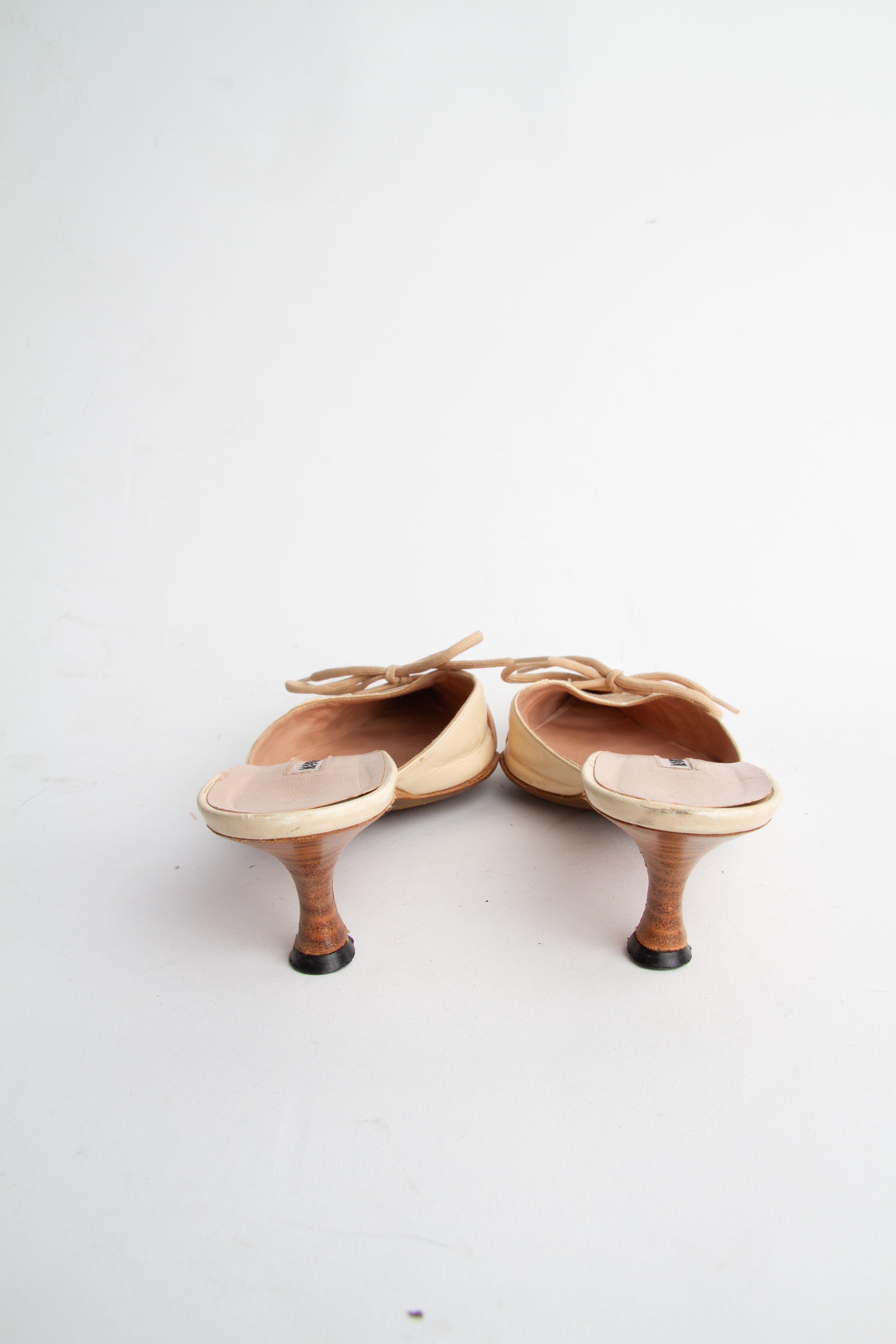 Manolo Blahnik Size 37 Tan Lace Up Bow Mules| Y2K Designer Heels Shoes