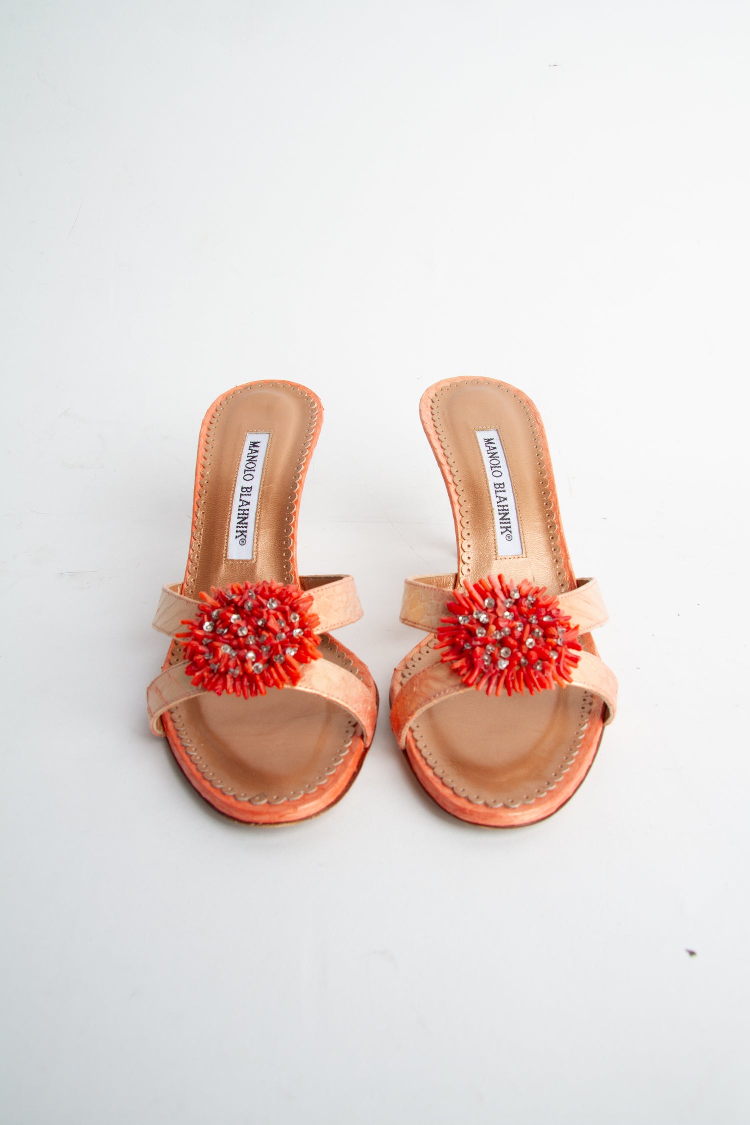 Manolo Blahnik Size 36 Orange Metallic Beading Detail Mules| Y2K Designer Heels Shoes