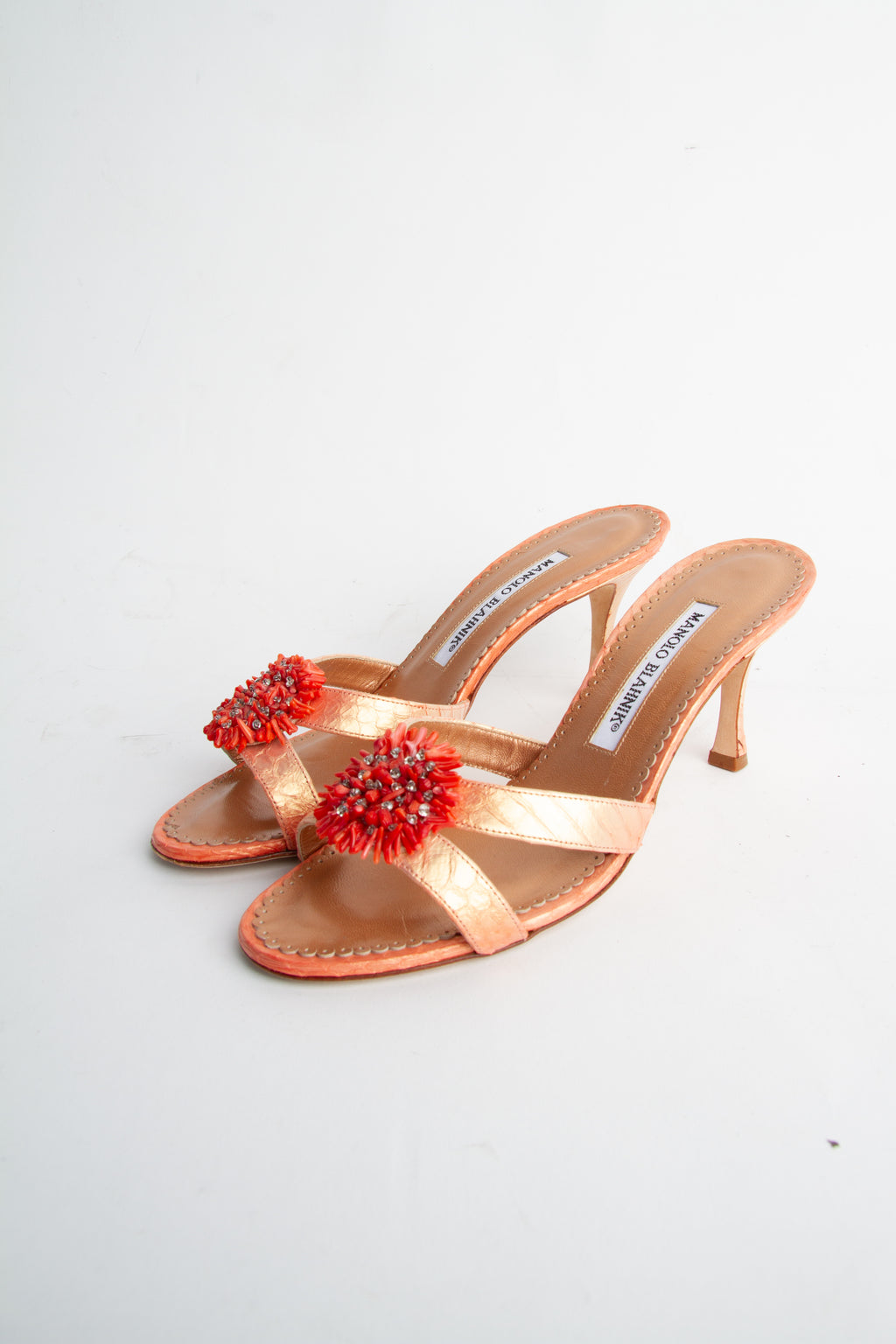 Manolo Blahnik Size 36 Orange Metallic Beading Detail Mules| Y2K Designer Heels Shoes