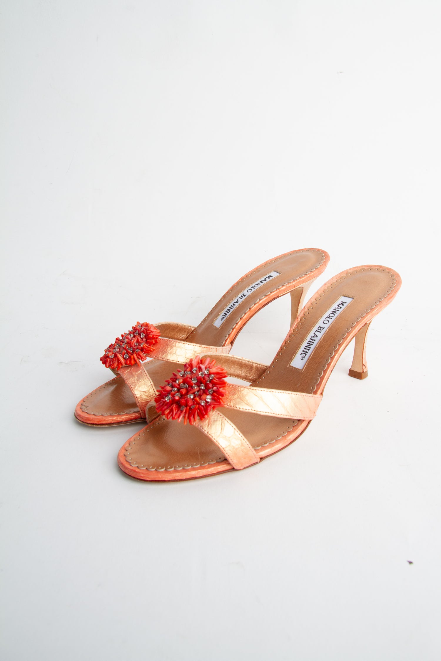 Manolo Blahnik Size 36 Orange Metallic Beading Detail Mules| Y2K Designer Heels Shoes