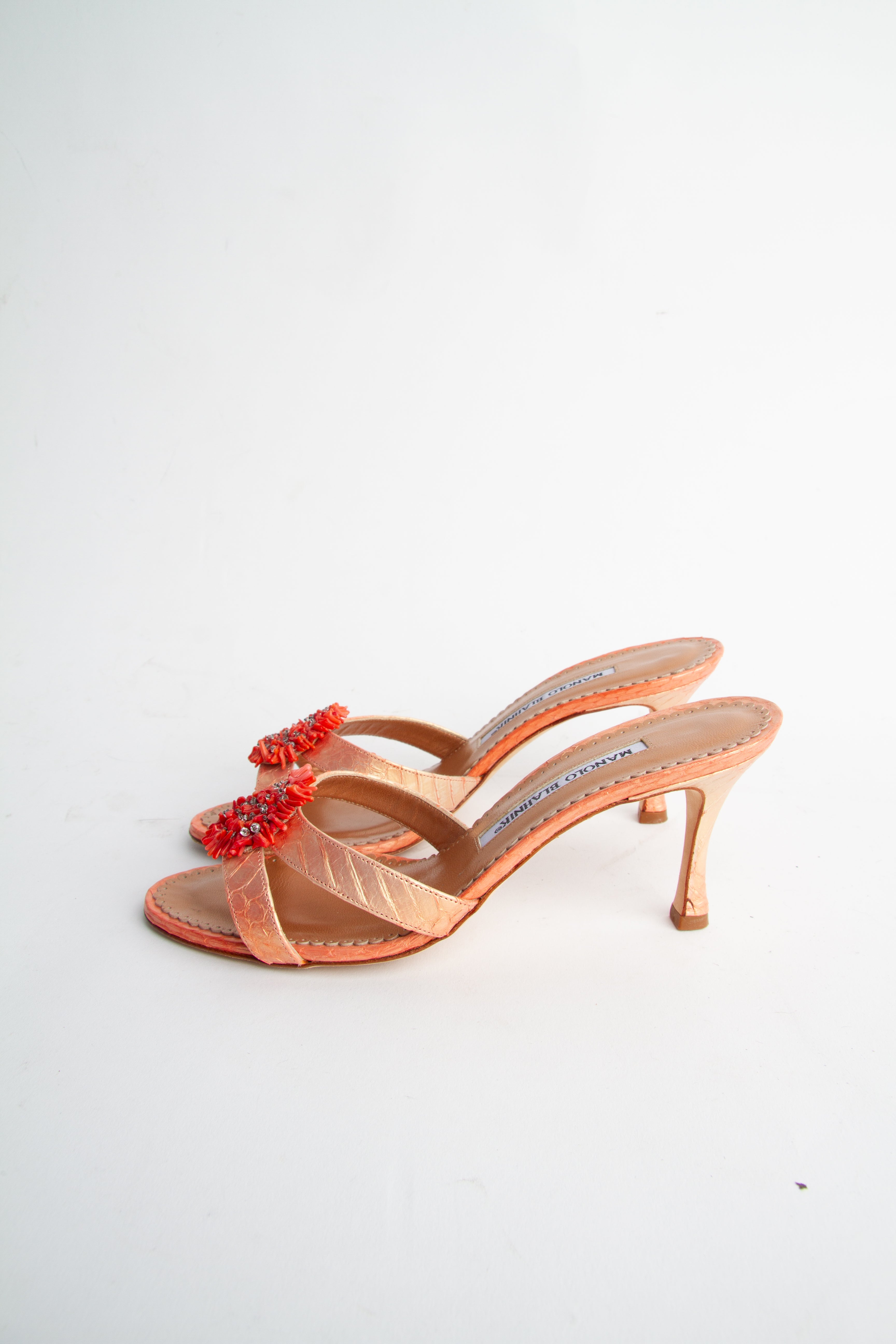 Manolo Blahnik Size 36 Orange Metallic Beading Detail Mules| Y2K Designer Heels Shoes