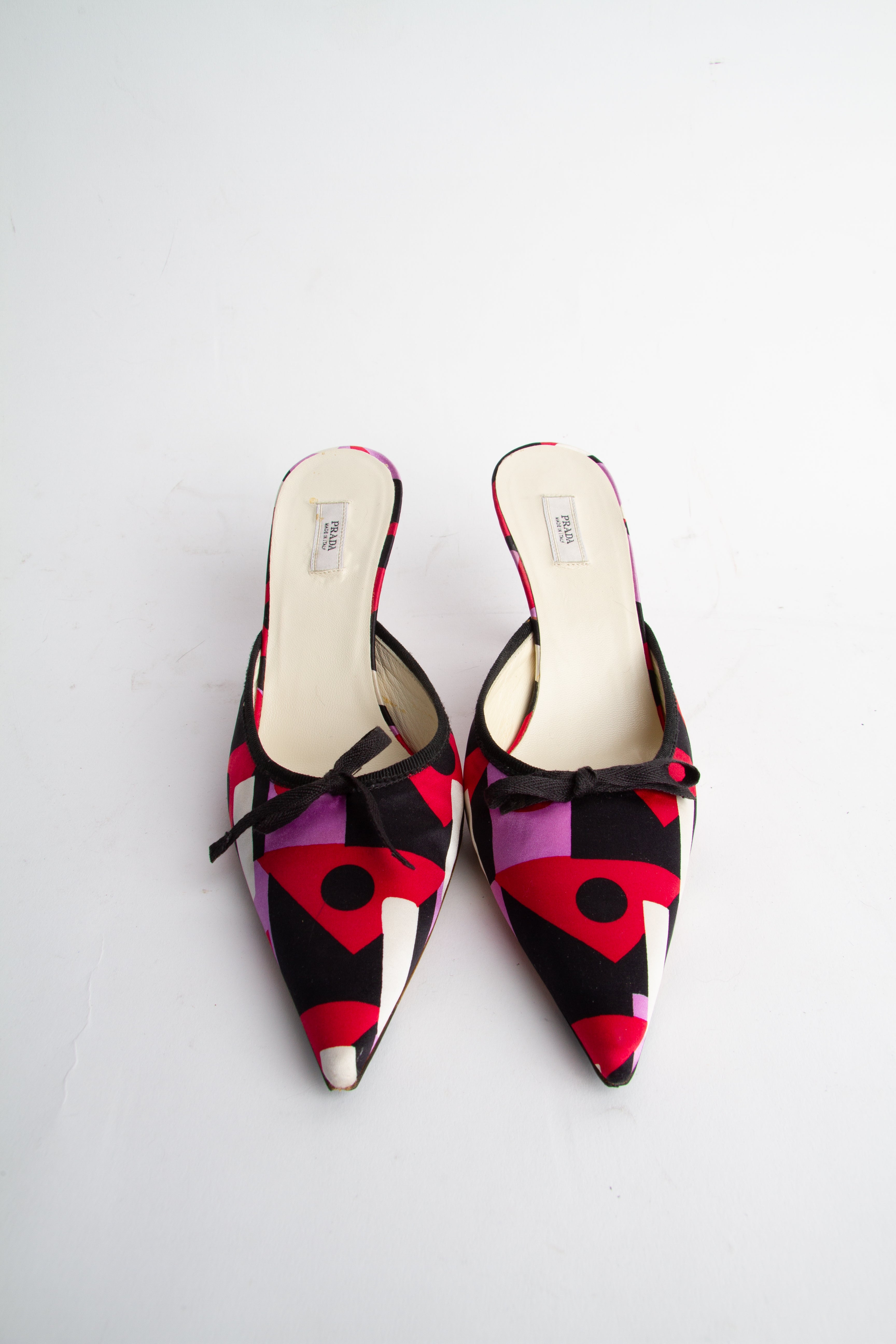 Vintage Prada 2000s Size 37.5 Multicolor Satin Pointed Toe Kitten Heels | Y2K Designer Heels Shoes