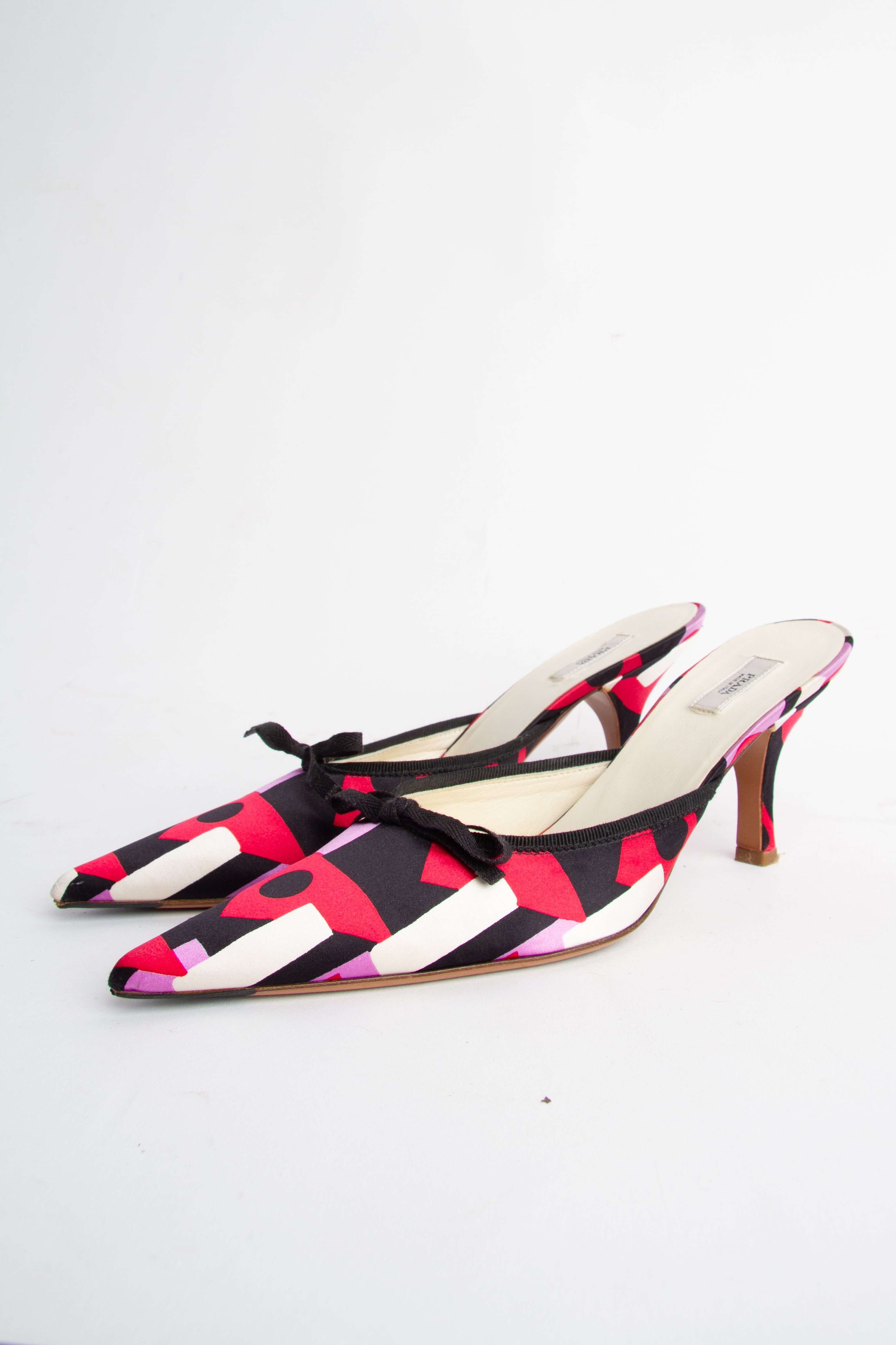 Vintage Prada 2000s Size 37.5 Multicolor Satin Pointed Toe Kitten Heels | Y2K Designer Heels Shoes
