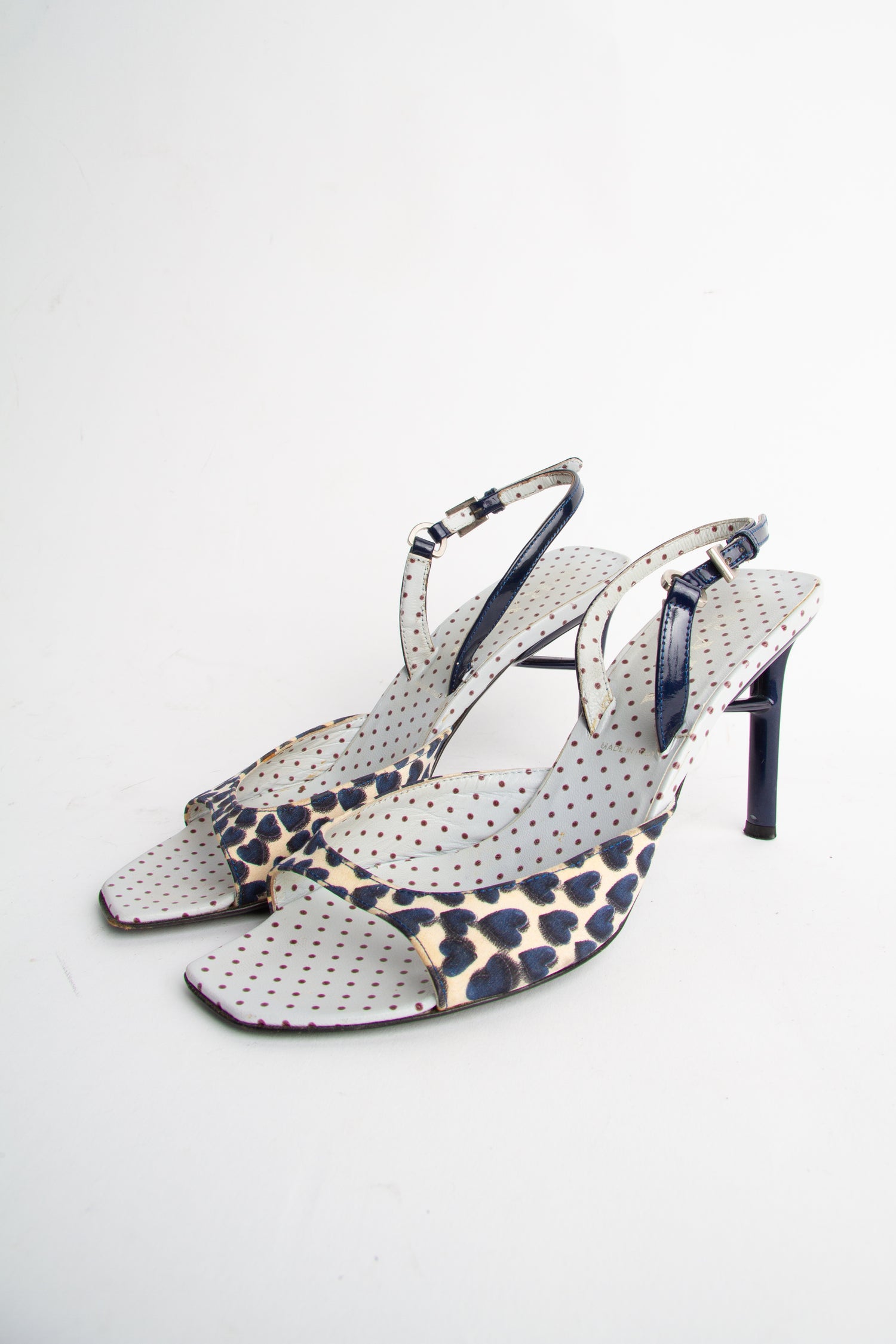 Vintage Prada SS 2000 Size 37.5 Heart Print Open Toe Slingbacks | Y2K Designer Heels Shoes