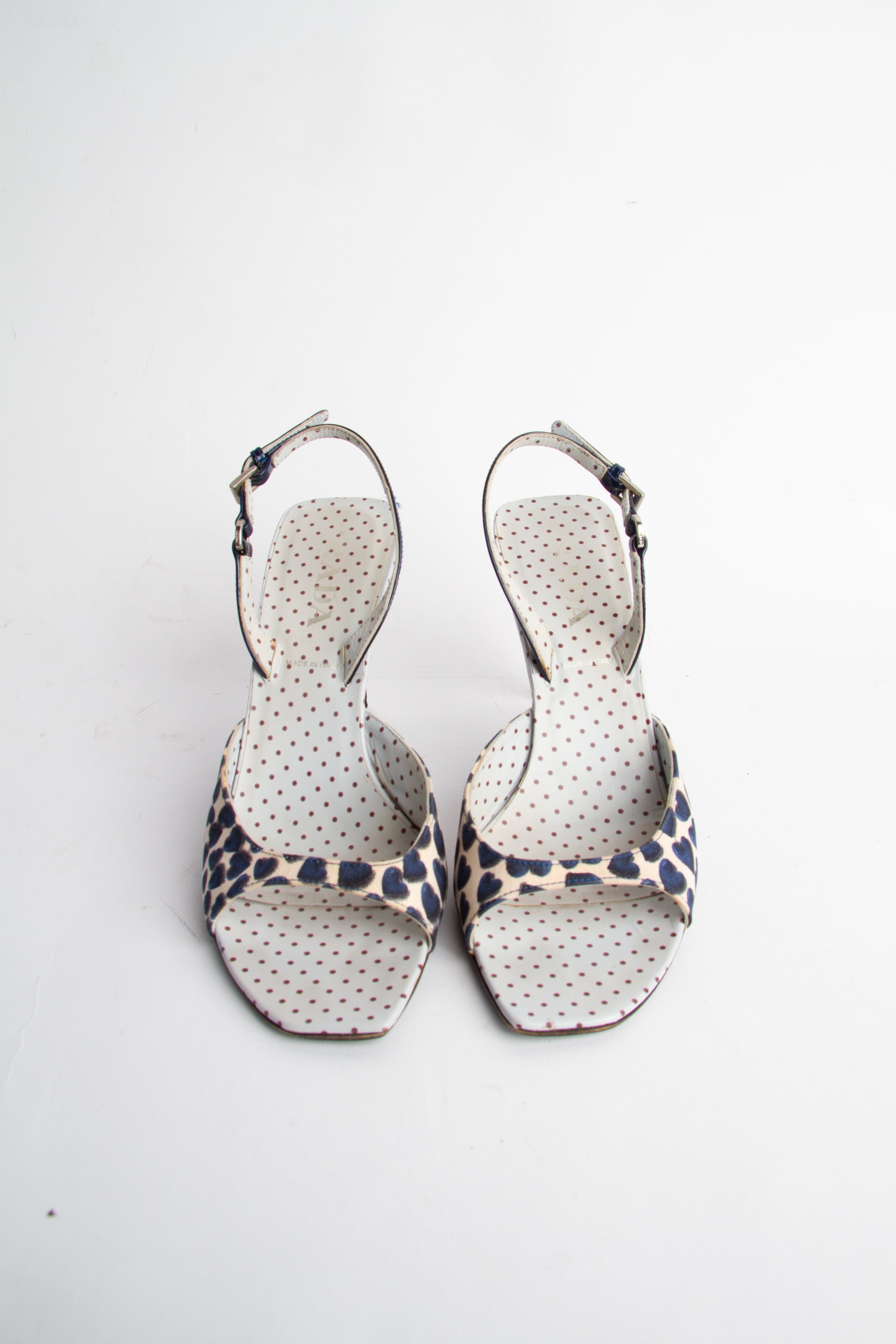 Vintage Prada SS 2000  Size 40 Heart Print Open Toe Slingbacks| Y2K Designer Heels Shoes