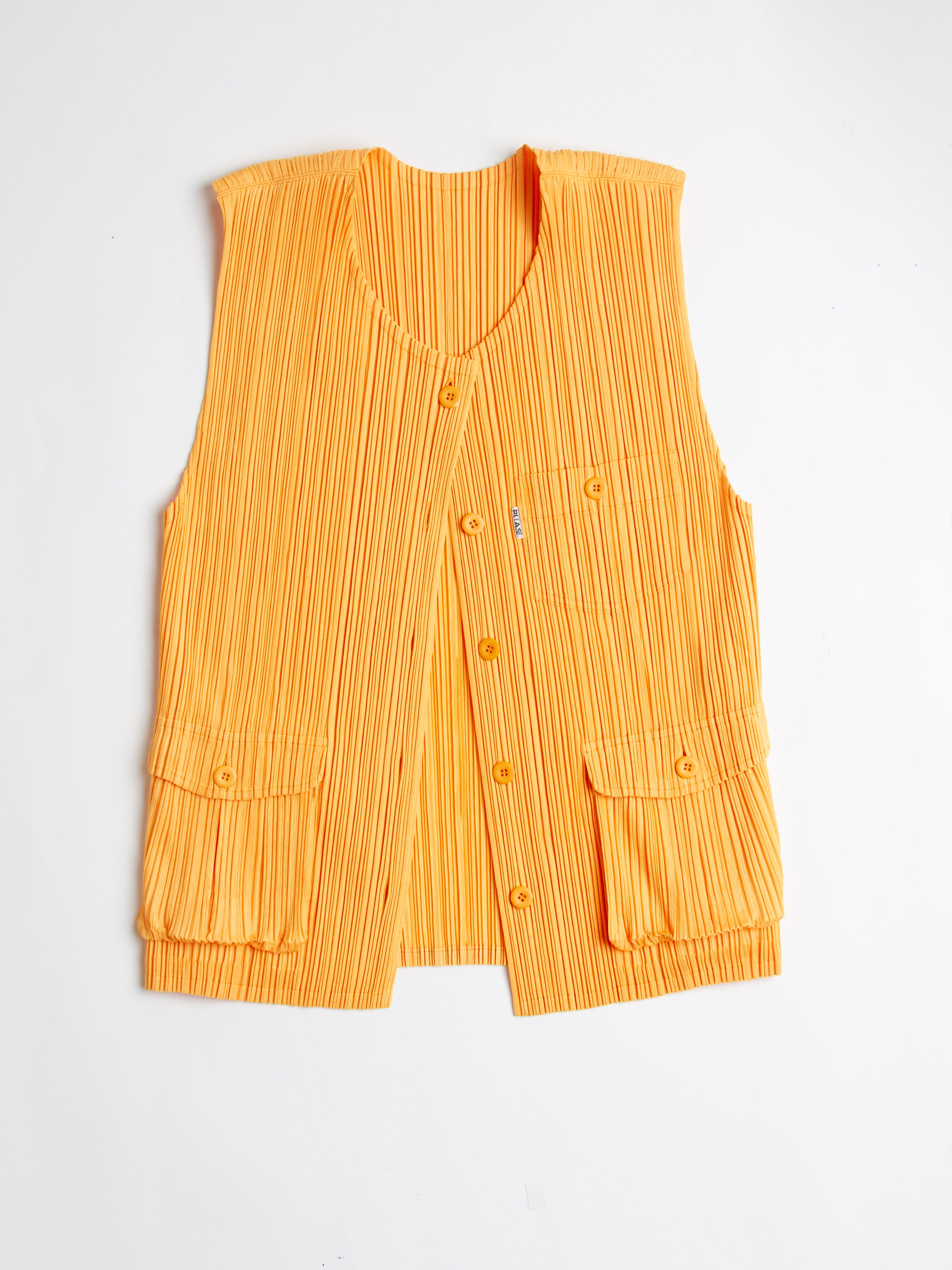 Issey Miyake Pleats Please Orange Multi Pocket Button Down Sleeveless Vest