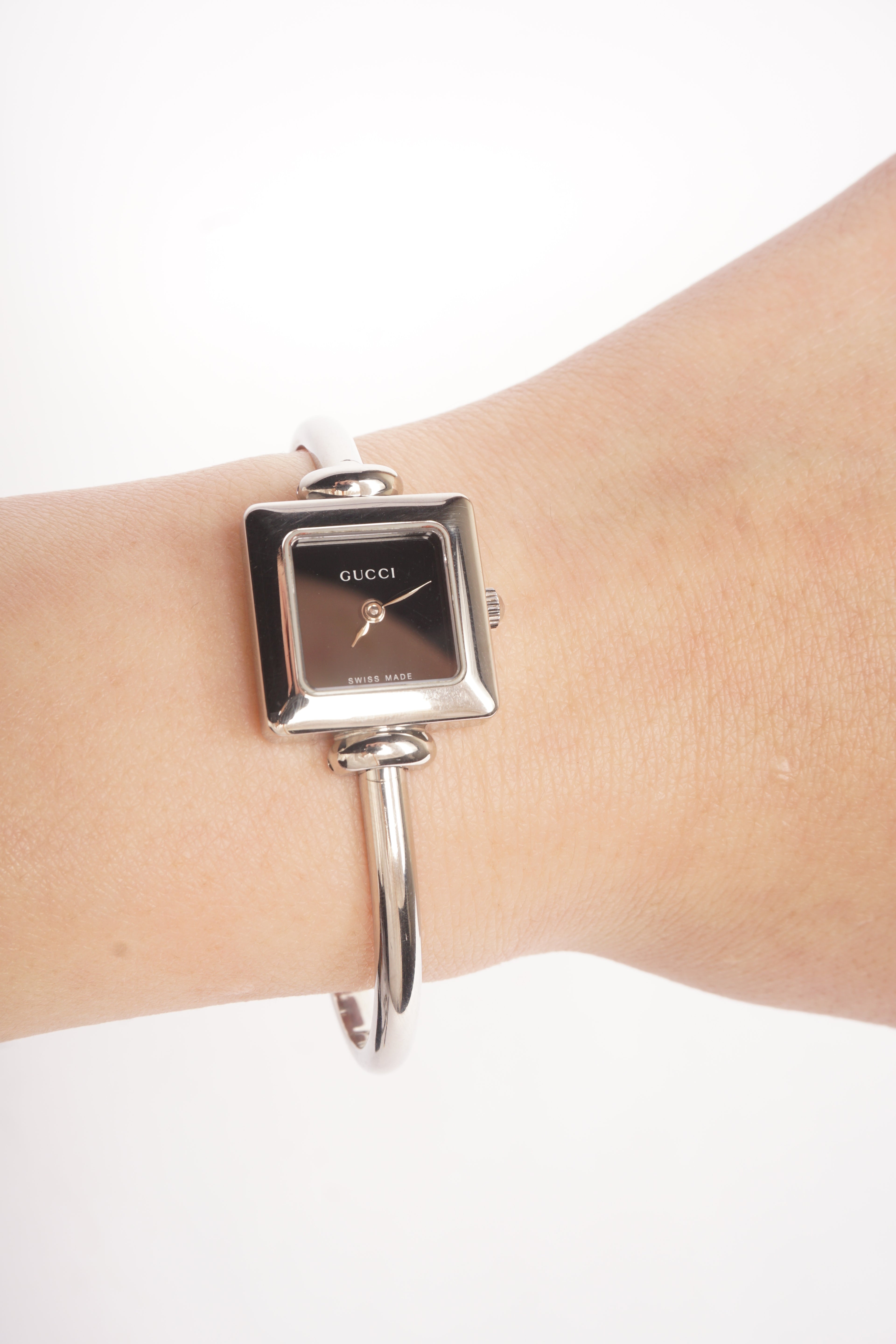 Gucci Square Dial Silver Bangle Watch