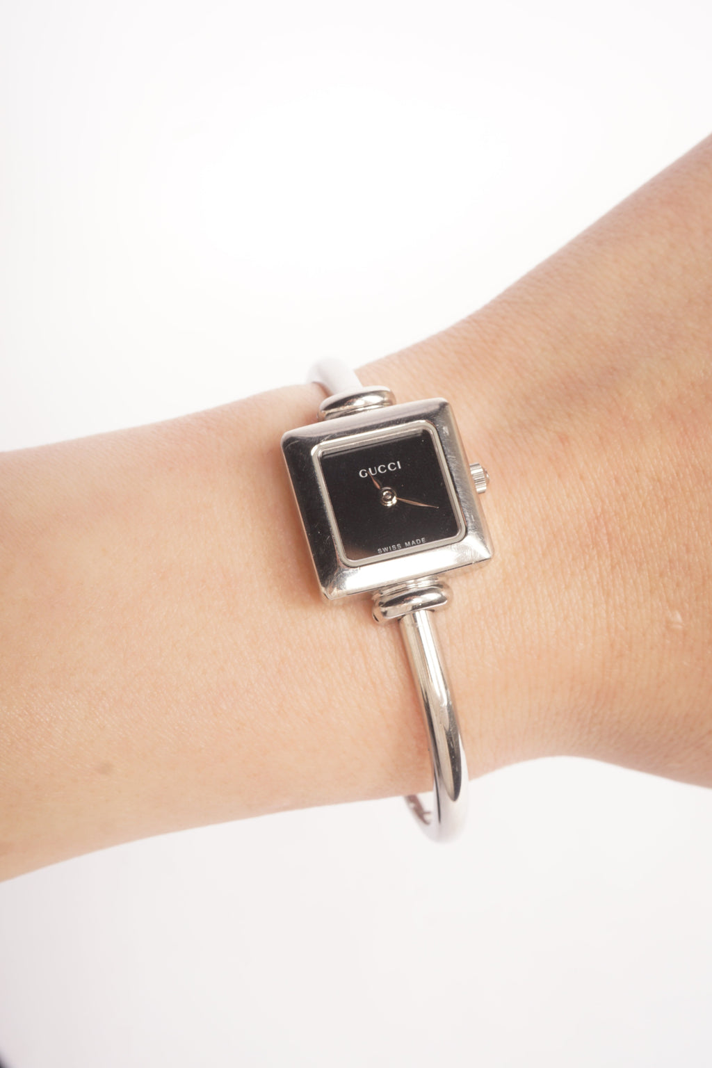 Gucci Black Square Dial Silver Bangle Watch