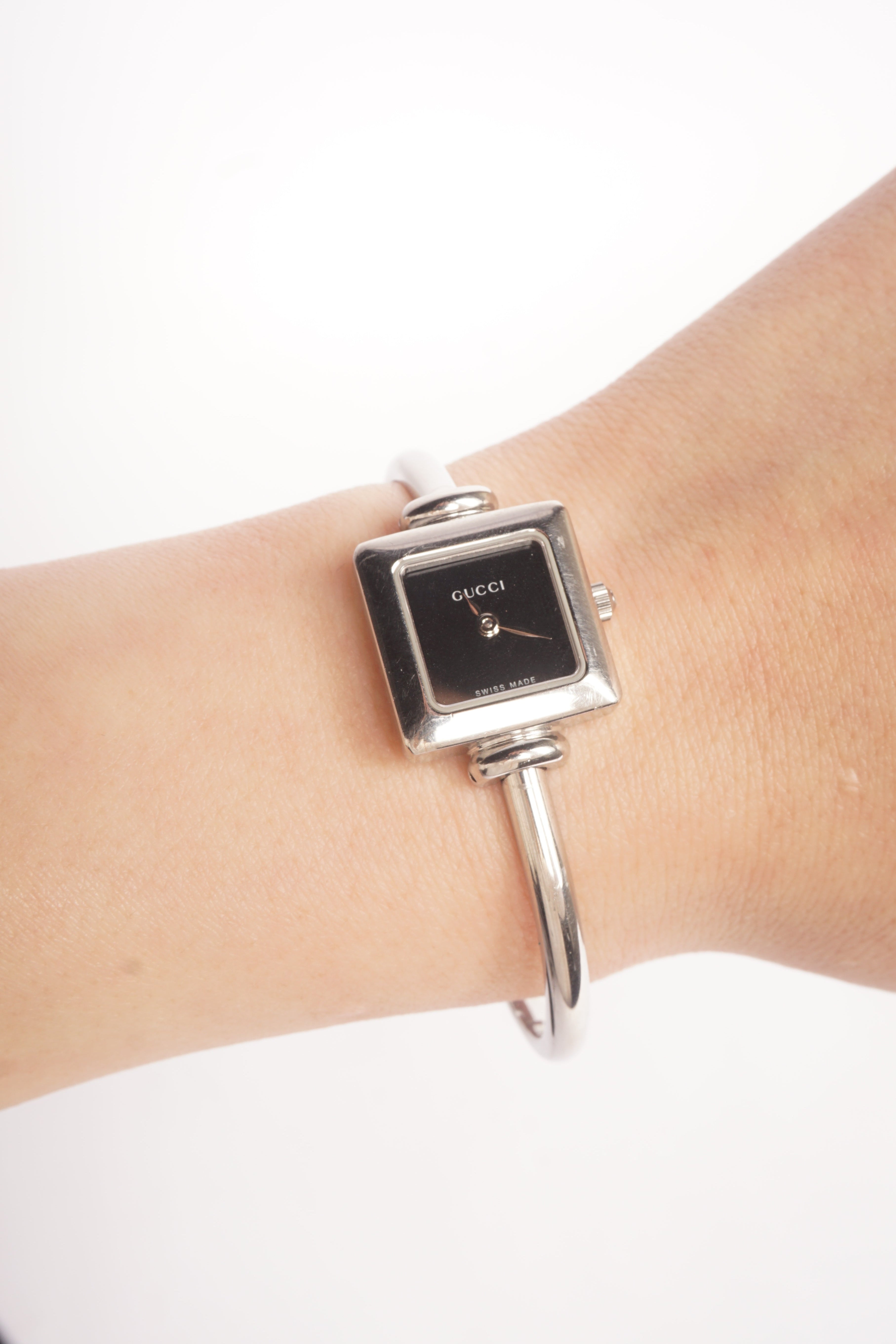 Gucci Black Square Dial Silver Bangle Watch