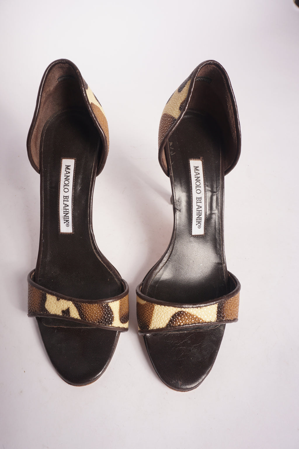 Manolo Blahnik Animal Print Peep Toe Heels