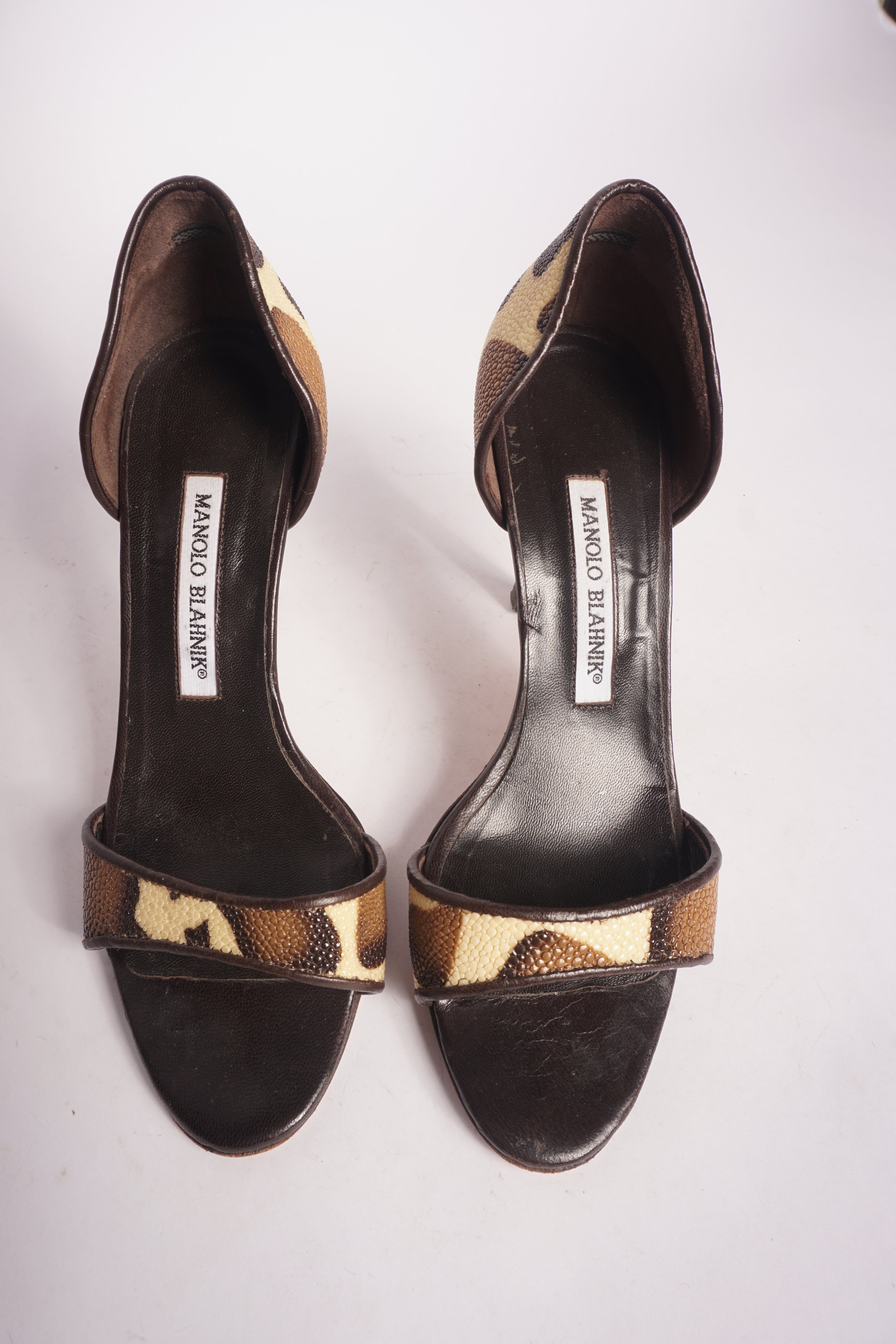 Manolo Blahnik Animal Print Peep Toe Heels