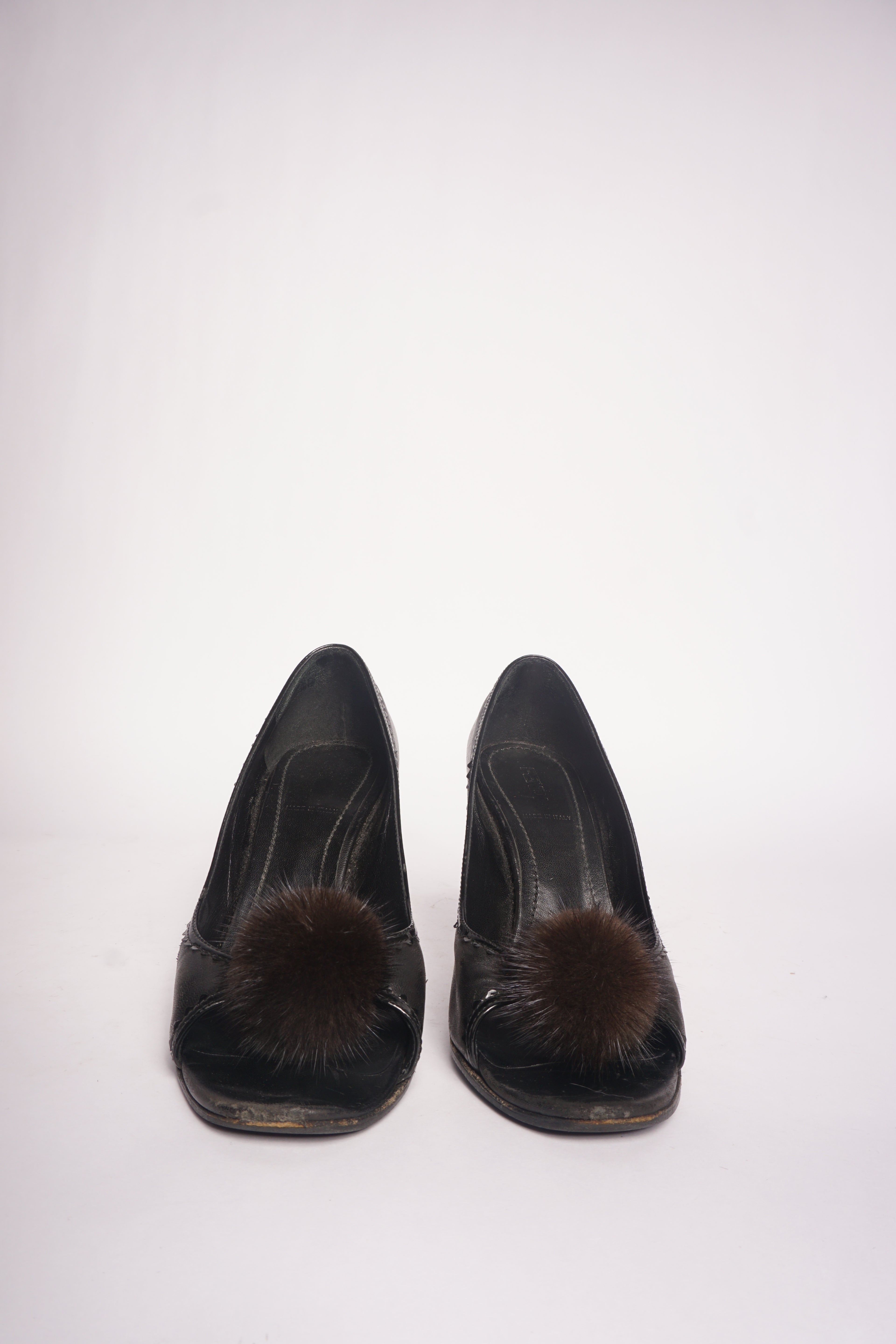 Fendi Black Peep Toe Heels with Fur