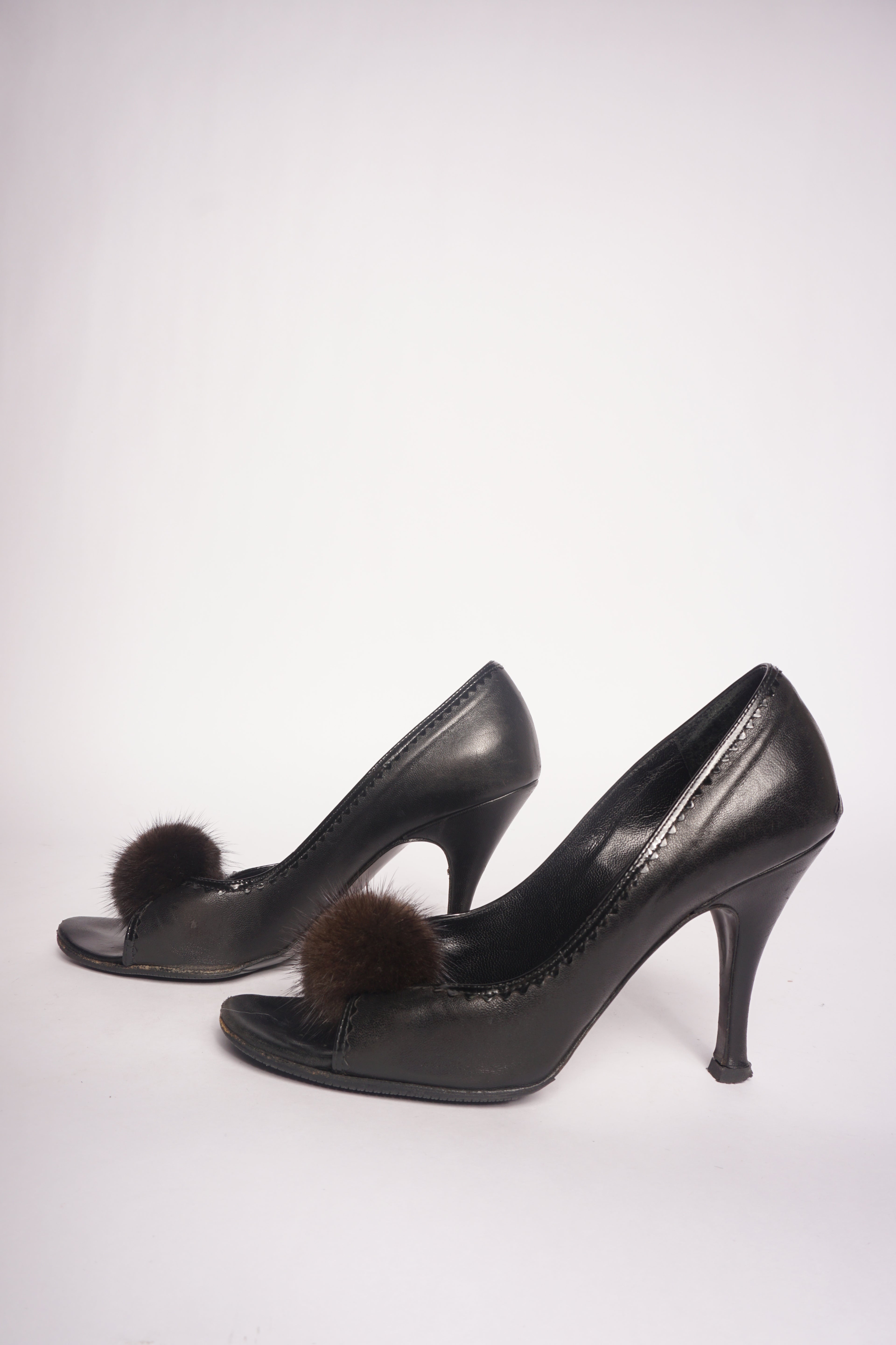 Fendi Black Peep Toe Heels with Fur