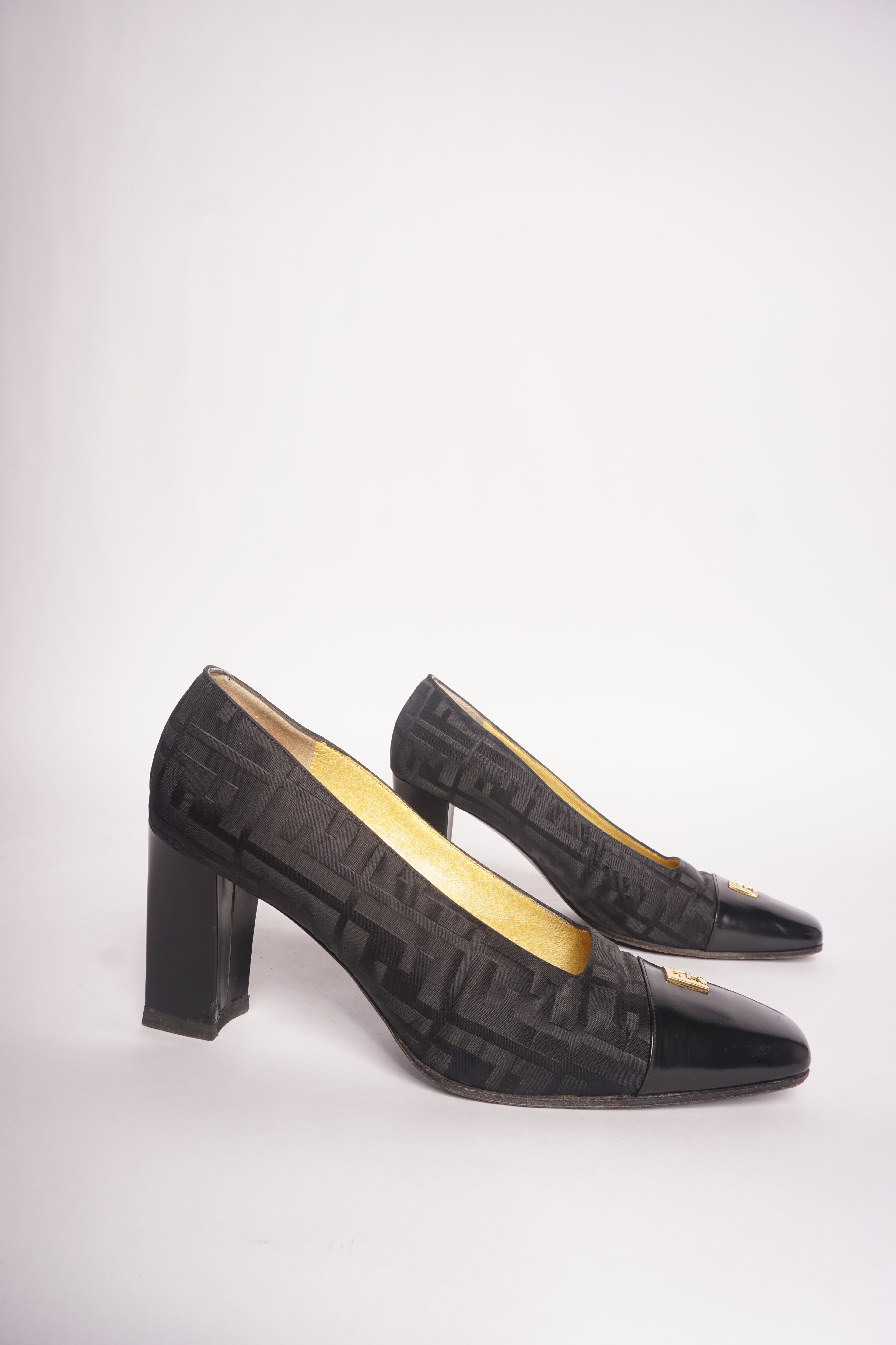 Fendi Black Monogram Square Toe Heels