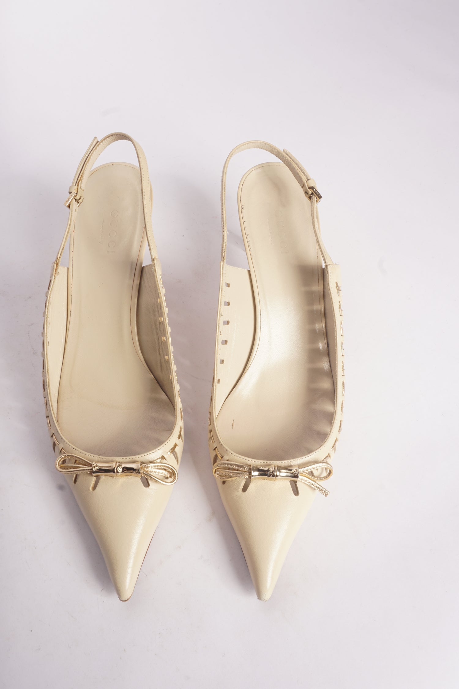 Gucci Leather Pointed Toe Kitten Heels w/ Gold Bows