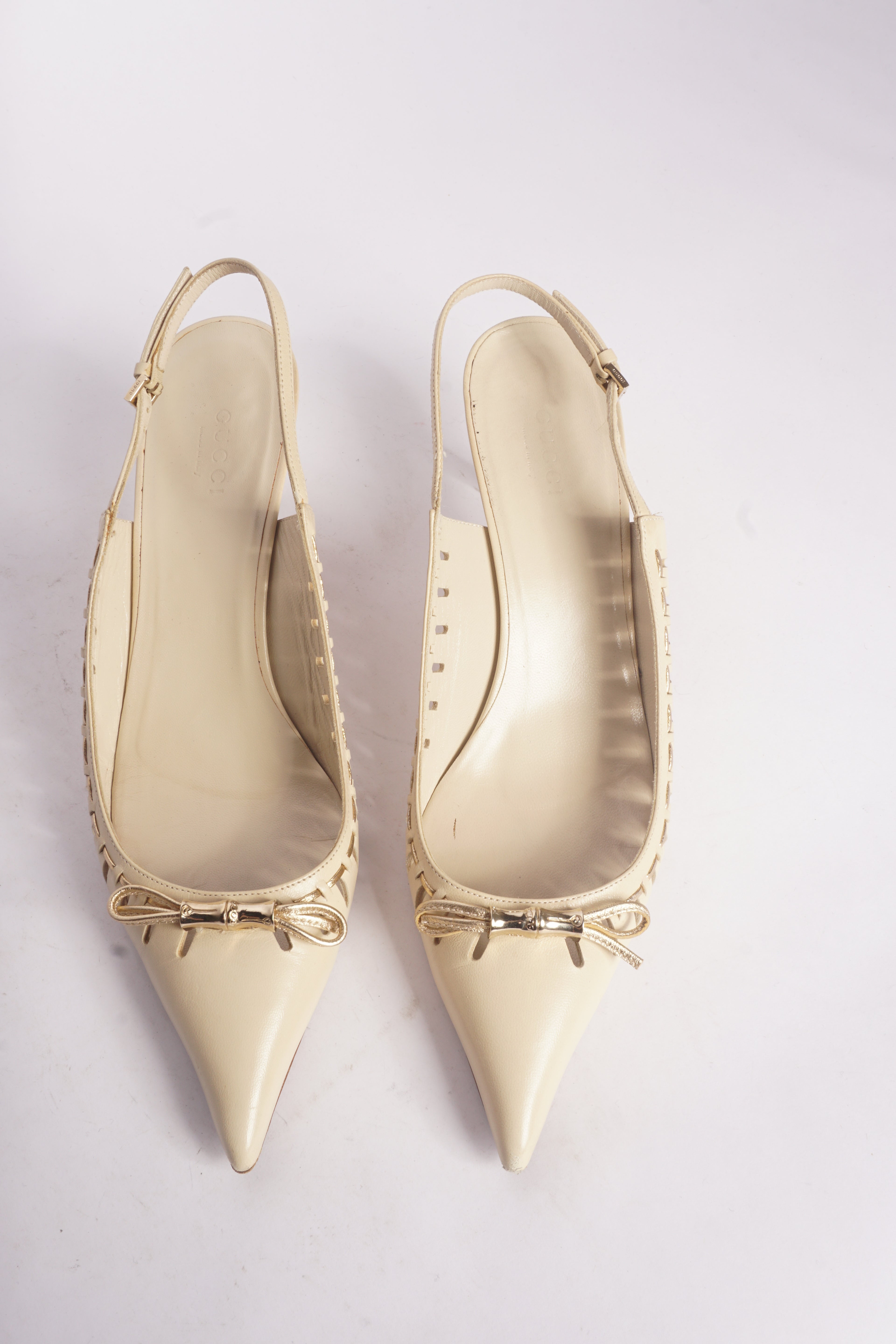 Gucci Leather Pointed Toe Kitten Heels w/ Gold Bows