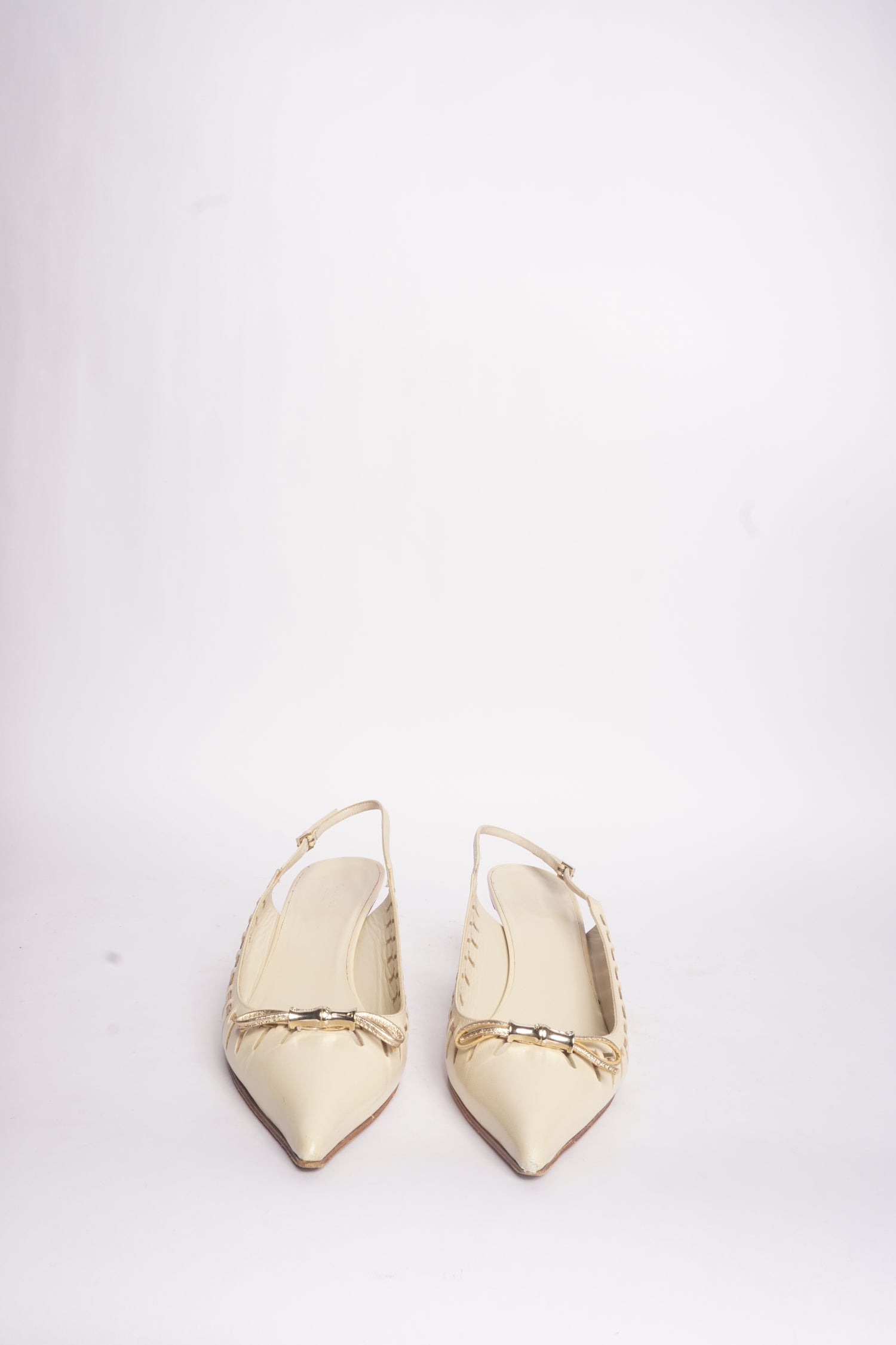 Gucci Leather Pointed Toe Kitten Heels w/ Gold Bows