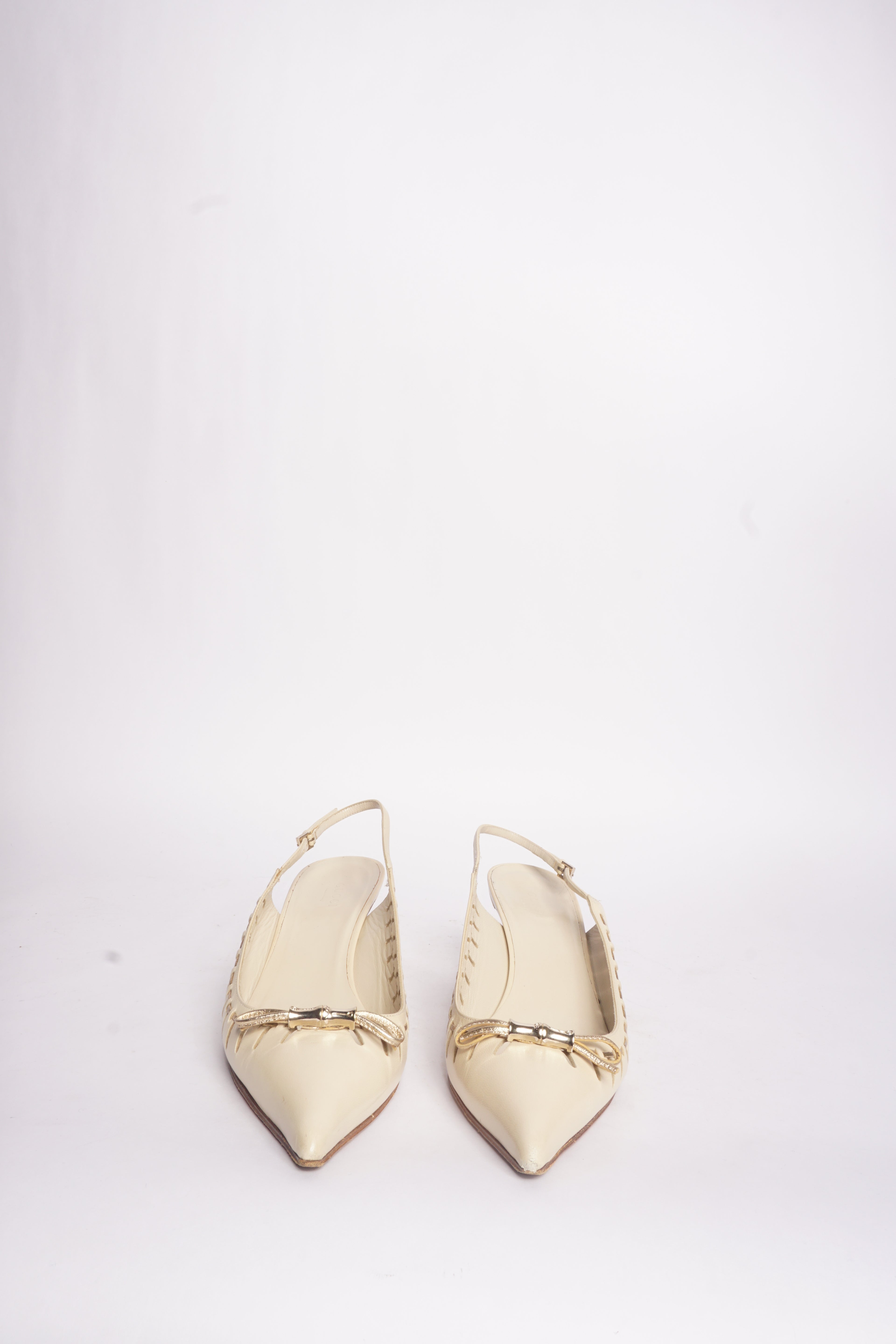 Gucci Leather Pointed Toe Kitten Heels w/ Gold Bows