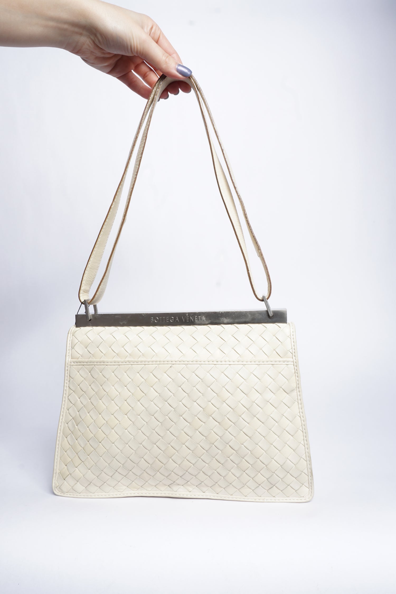 Bottega Veneta Intrecciato White Leather Two Way Bag