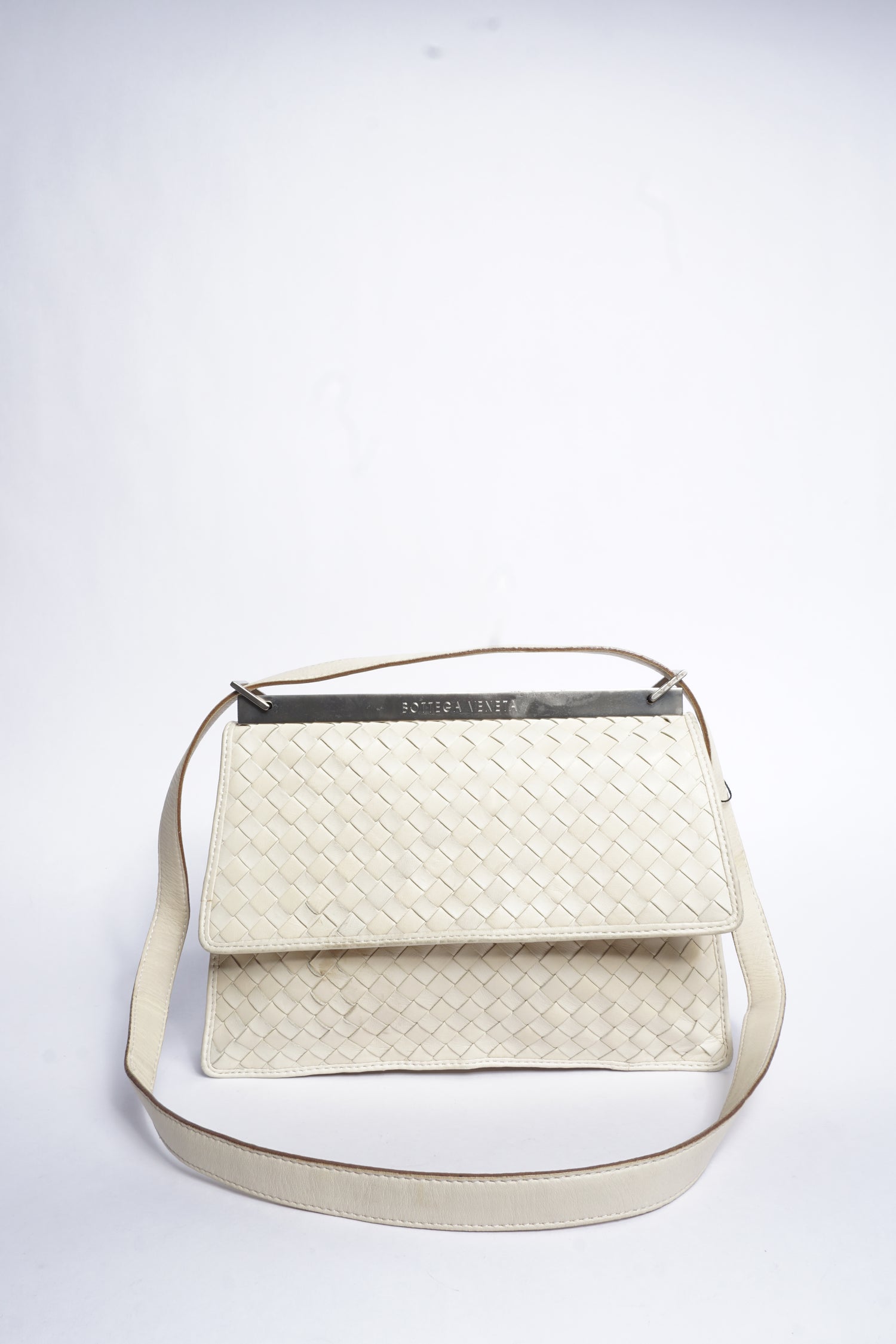 Bottega Veneta Intrecciato White Leather Two Way Bag