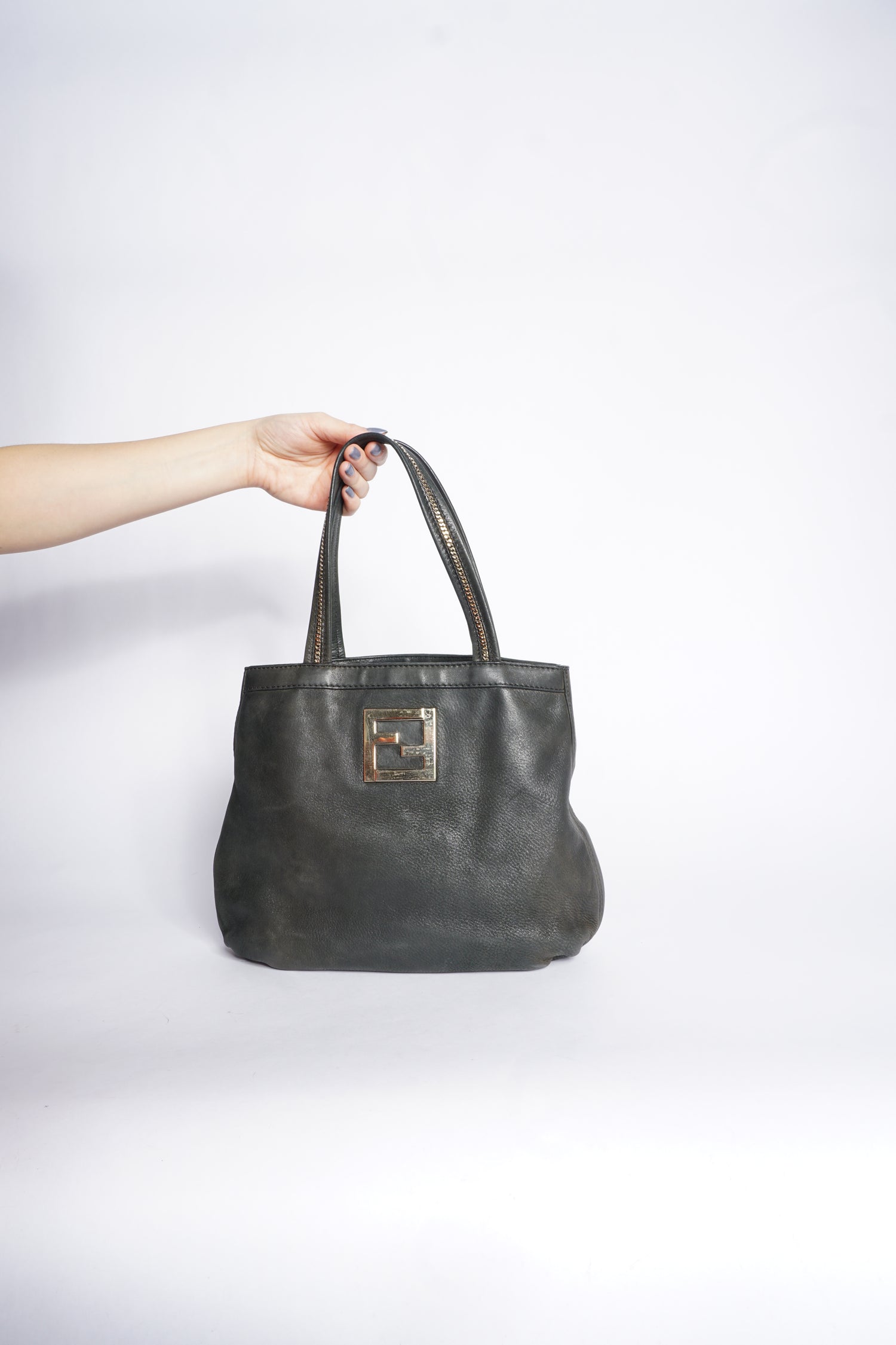 Fendi Black Leather Tote Bag with Chain Handle