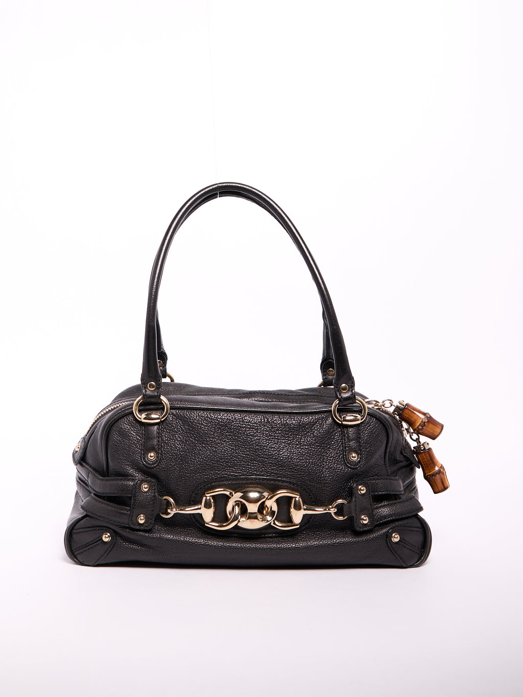 Gucci Black Horsebit Bamboo Detail Leather Handbag