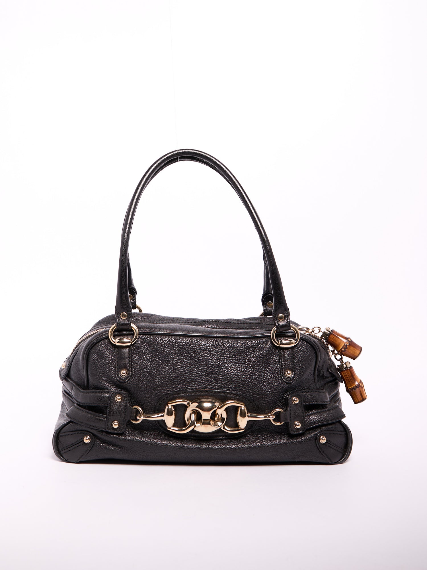 Gucci Black Horsebit Bamboo Detail Leather Handbag