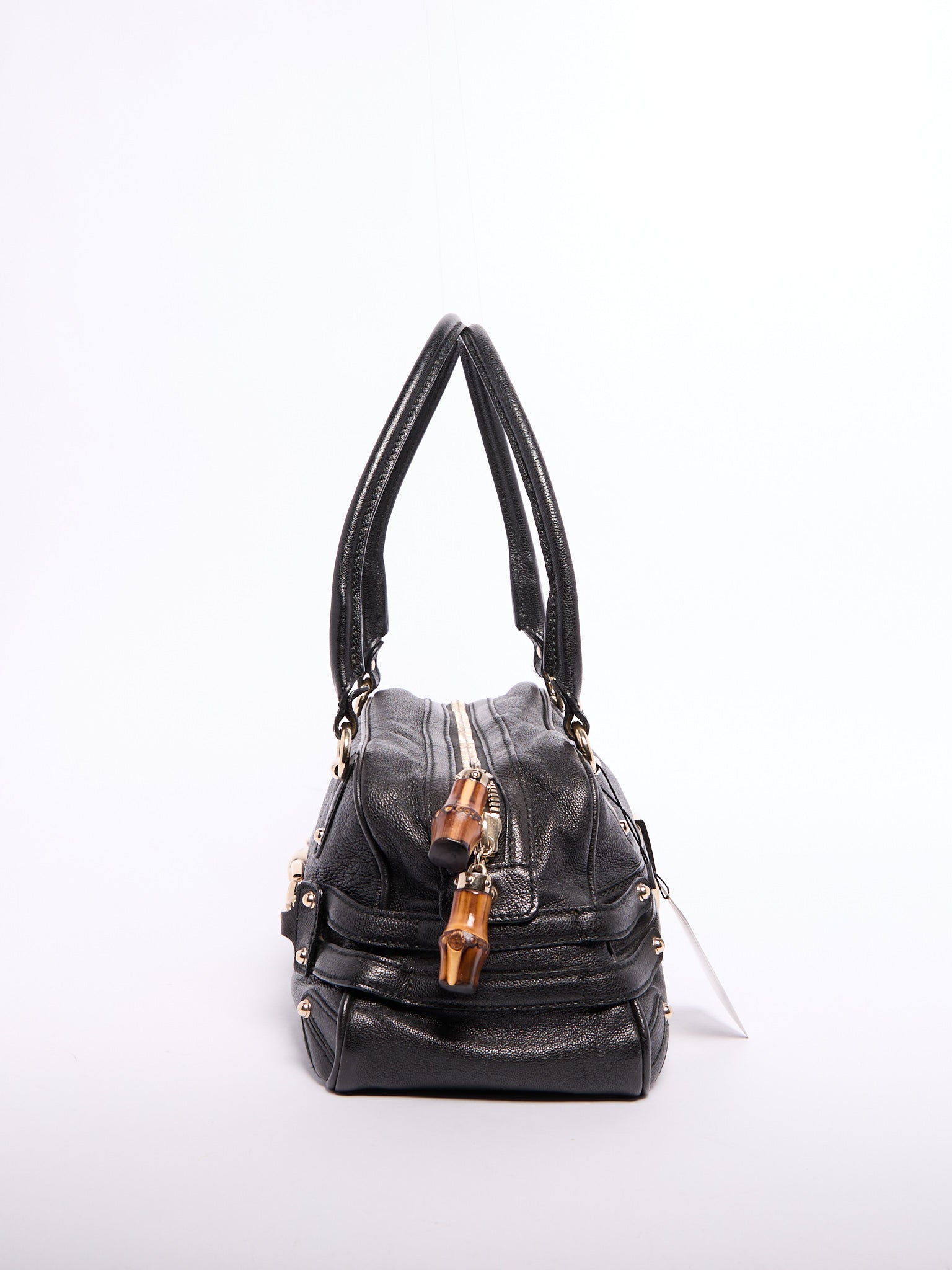 Gucci Black Horsebit Bamboo Detail Leather Handbag