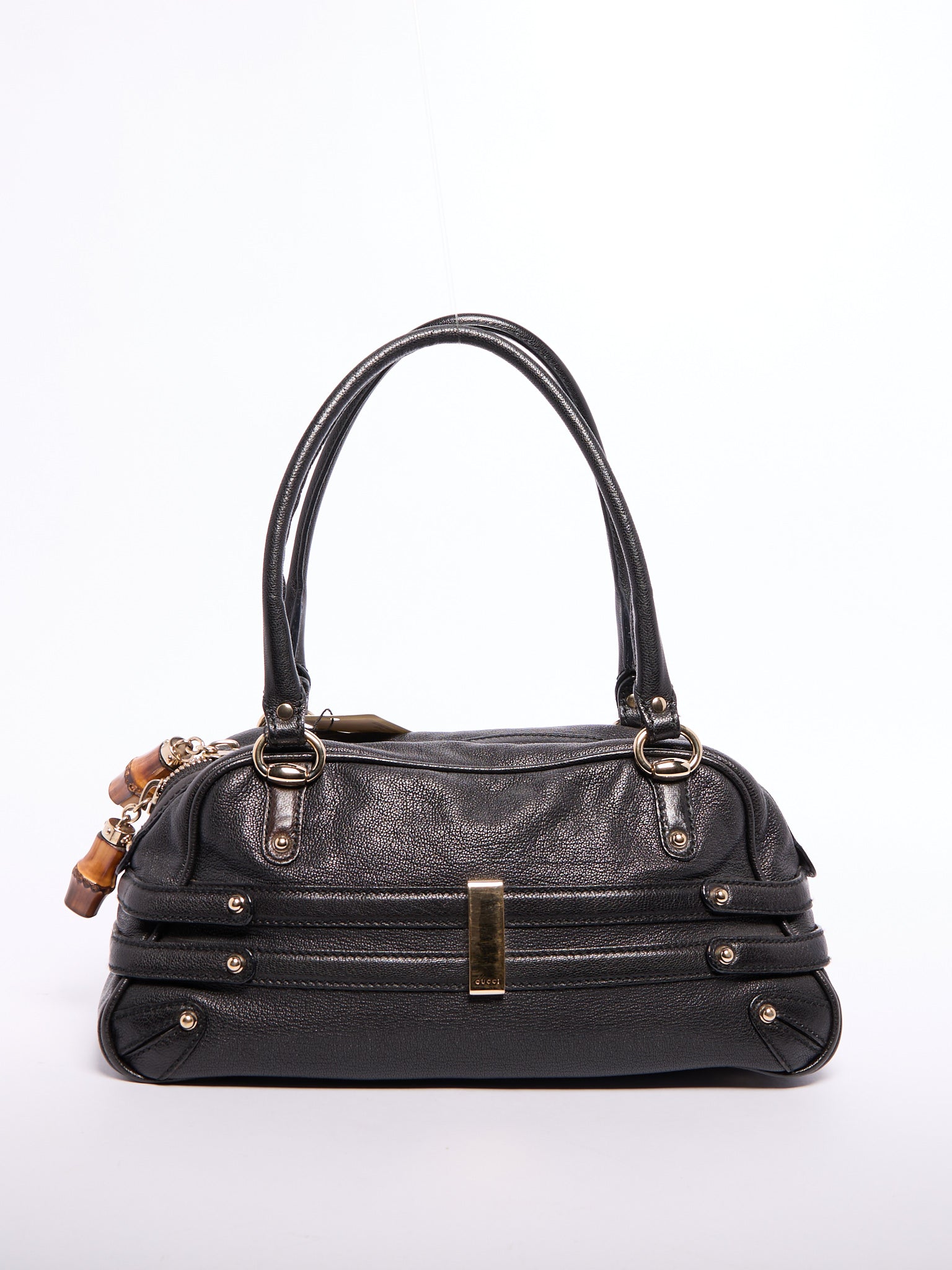 Gucci Black Horsebit Bamboo Detail Leather Handbag