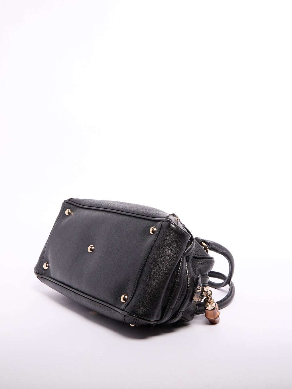 Gucci Black Horsebit Bamboo Detail Leather Handbag