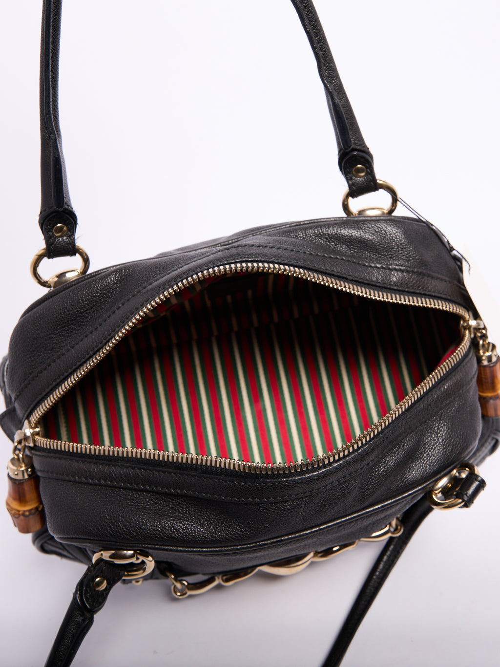 Gucci Black Horsebit Bamboo Detail Leather Handbag