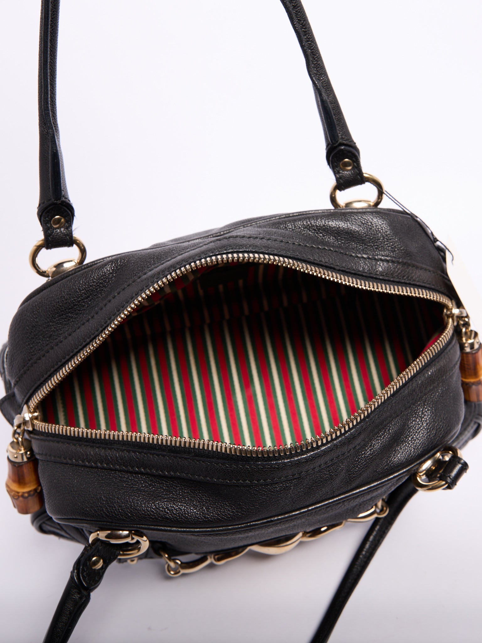 Gucci Black Horsebit Bamboo Detail Leather Handbag
