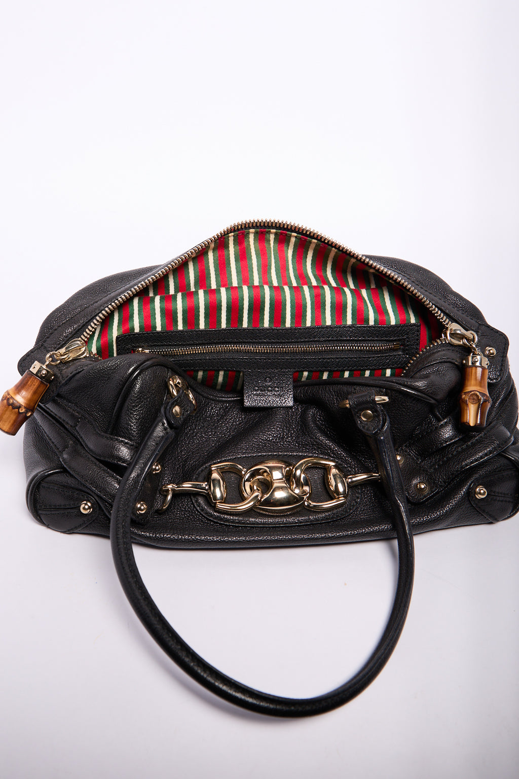 Gucci Black Horsebit Bamboo Detail Leather Handbag