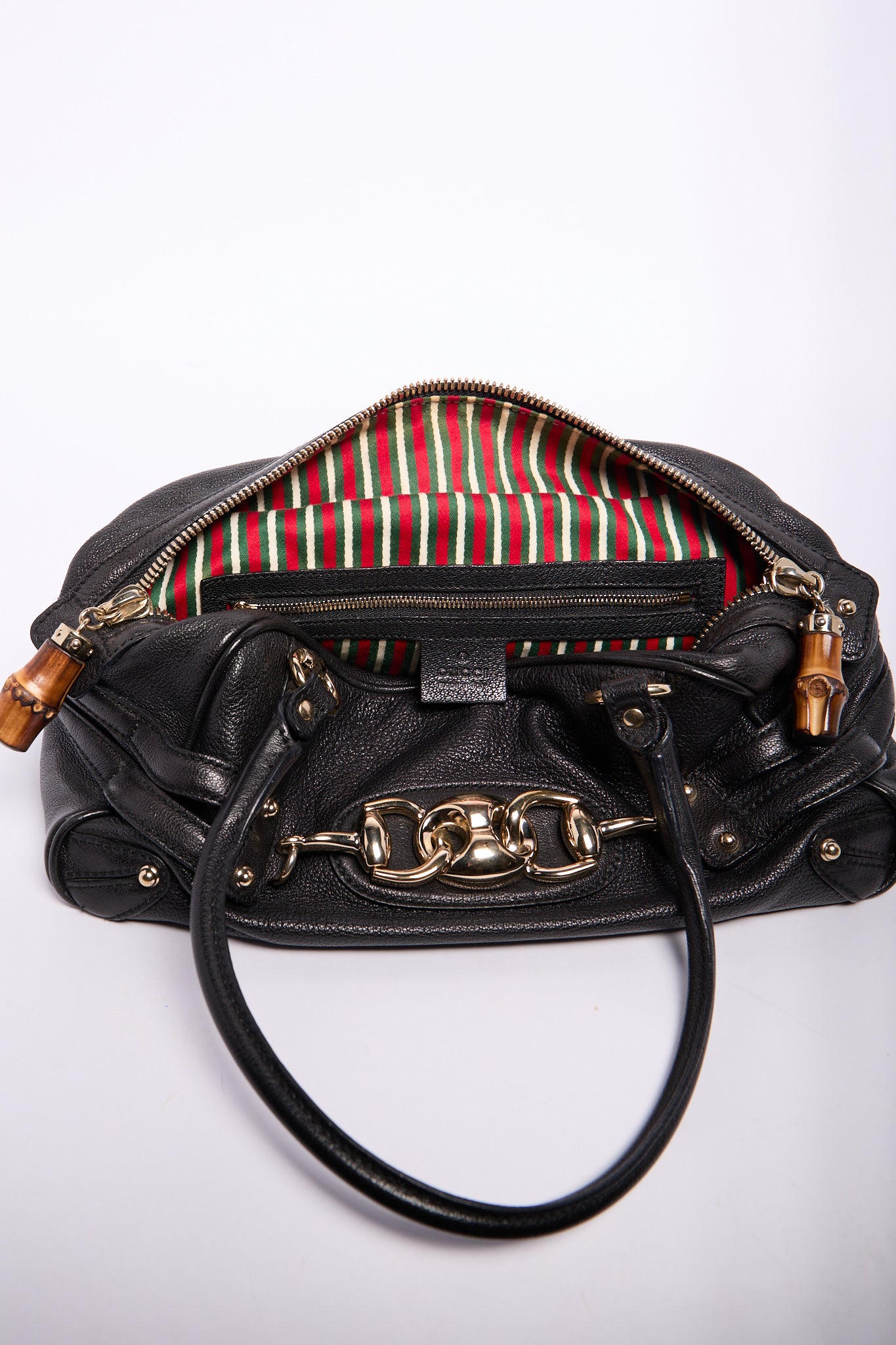 Gucci Black Horsebit Bamboo Detail Leather Handbag