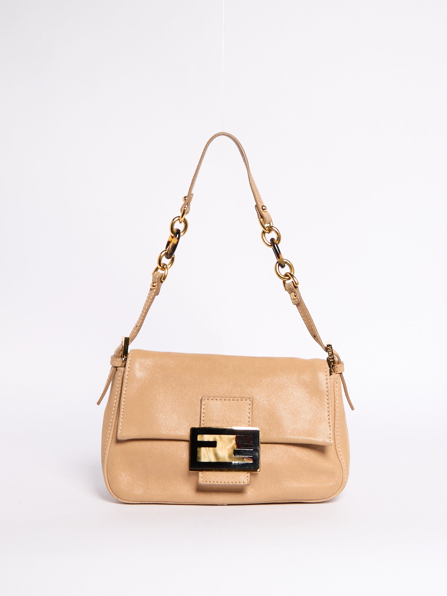 Fendi Beige Leather Mini Baguette w/ Chain