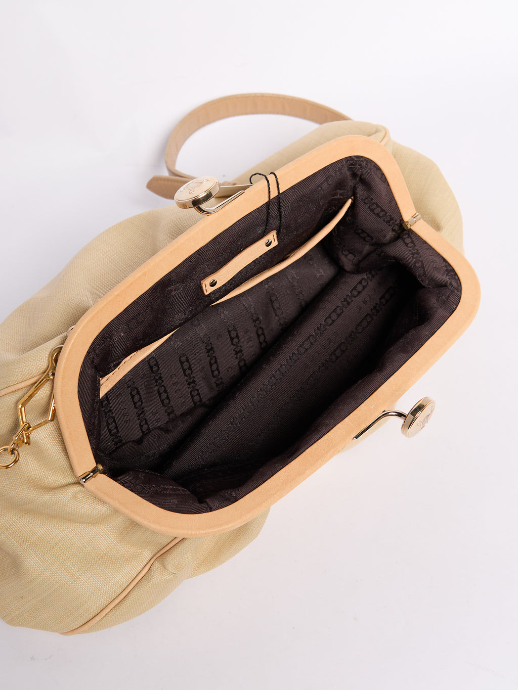 Celine 90's Pleated Raffia Kiss Lock Two Way Clutch