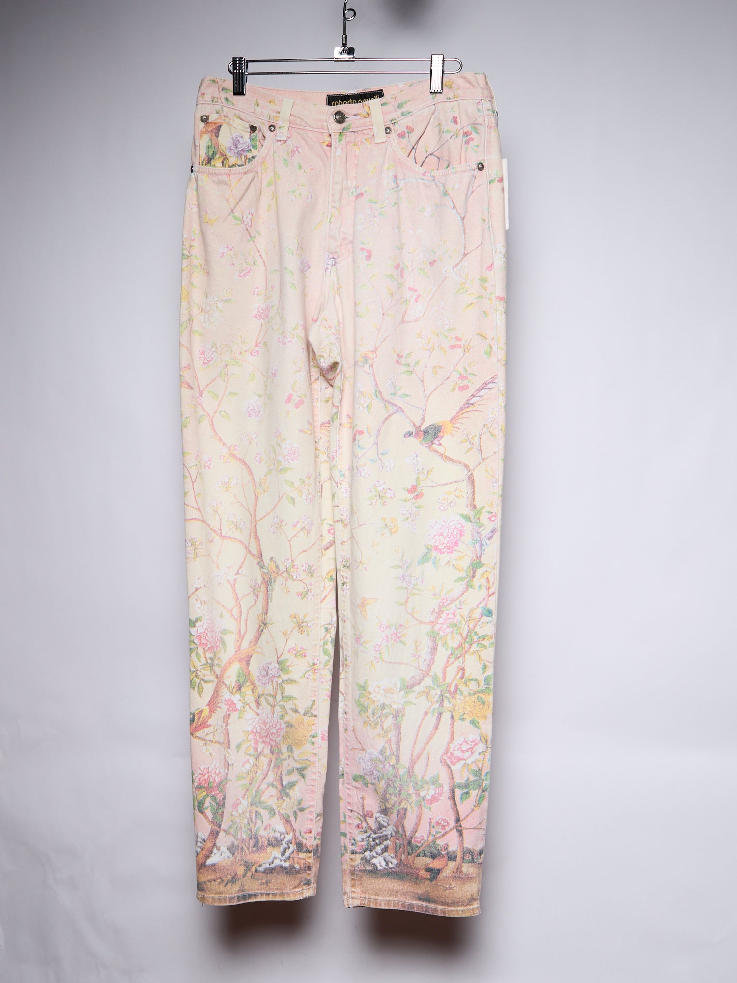 1998 SS Roberto Cavalli Pink Floral Bird Print Jeans