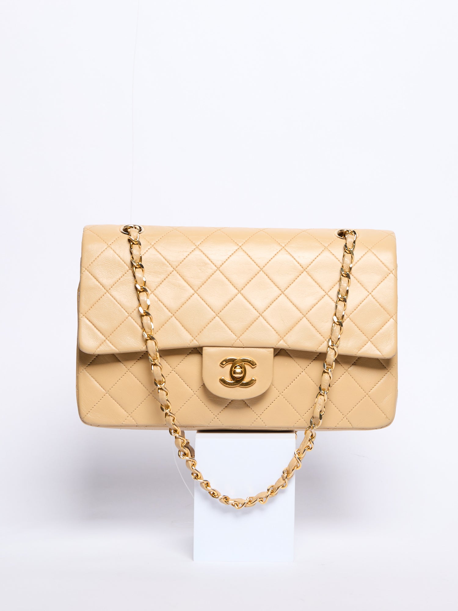 90's Chanel Beige Double Flap Bag 24k Gold Hardware