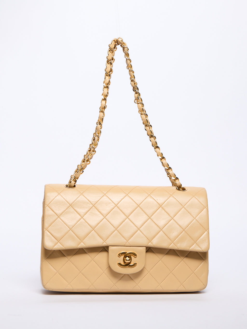 90's Chanel Beige Double Flap Bag 24k Gold Hardware