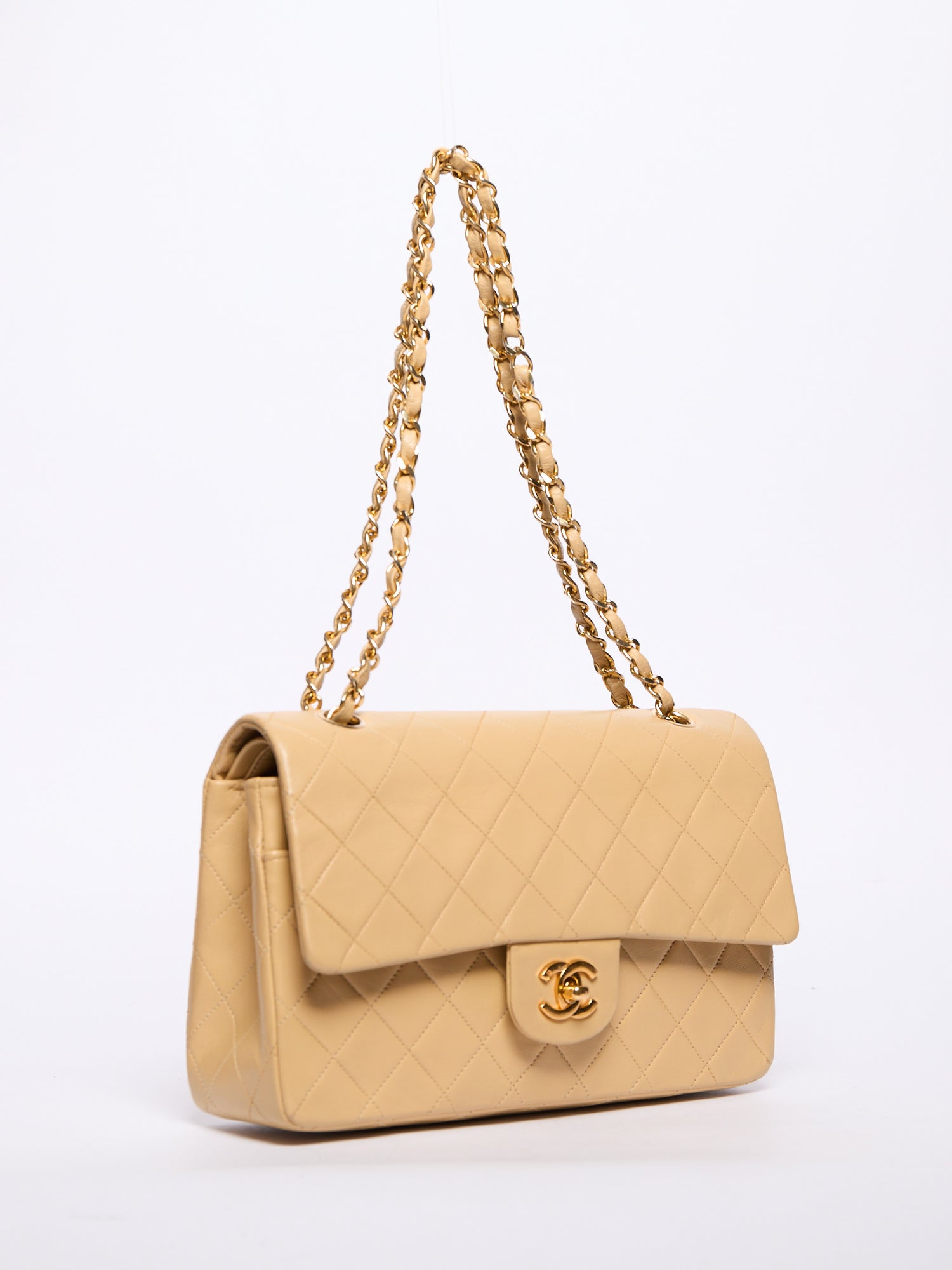 90's Chanel Beige Double Flap Bag 24k Gold Hardware
