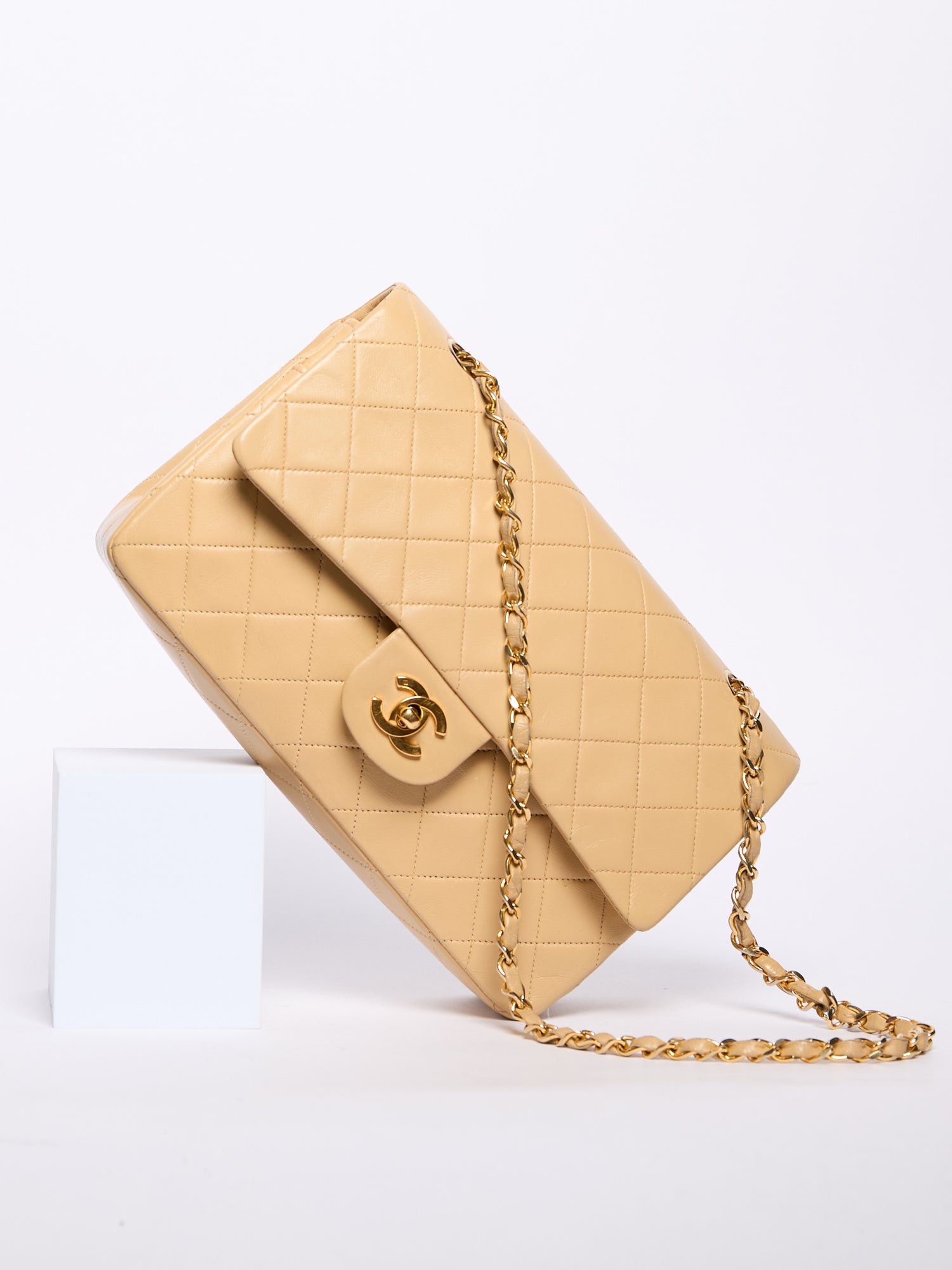 90's Chanel Beige Double Flap Bag 24k Gold Hardware