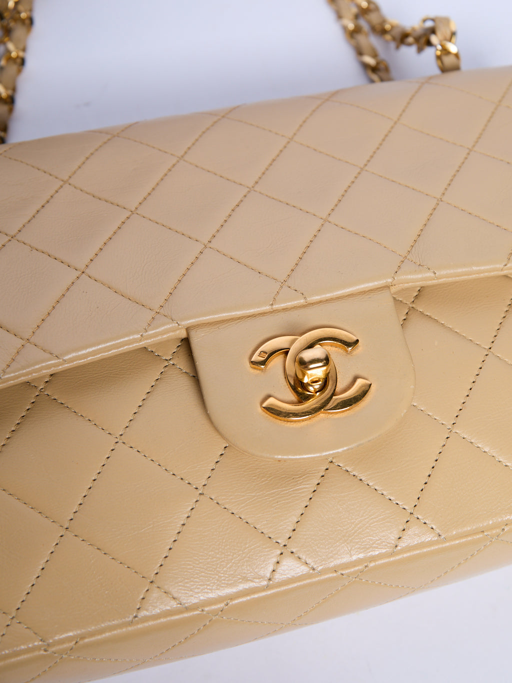 90's Chanel Beige Double Flap Bag 24k Gold Hardware