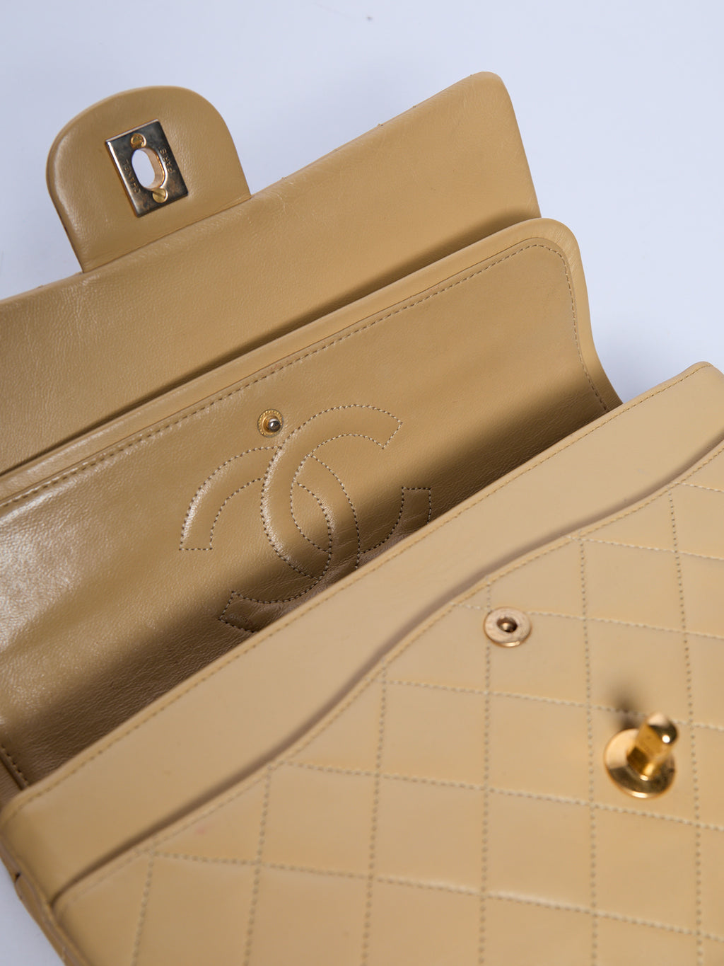 90's Chanel Beige Double Flap Bag 24k Gold Hardware