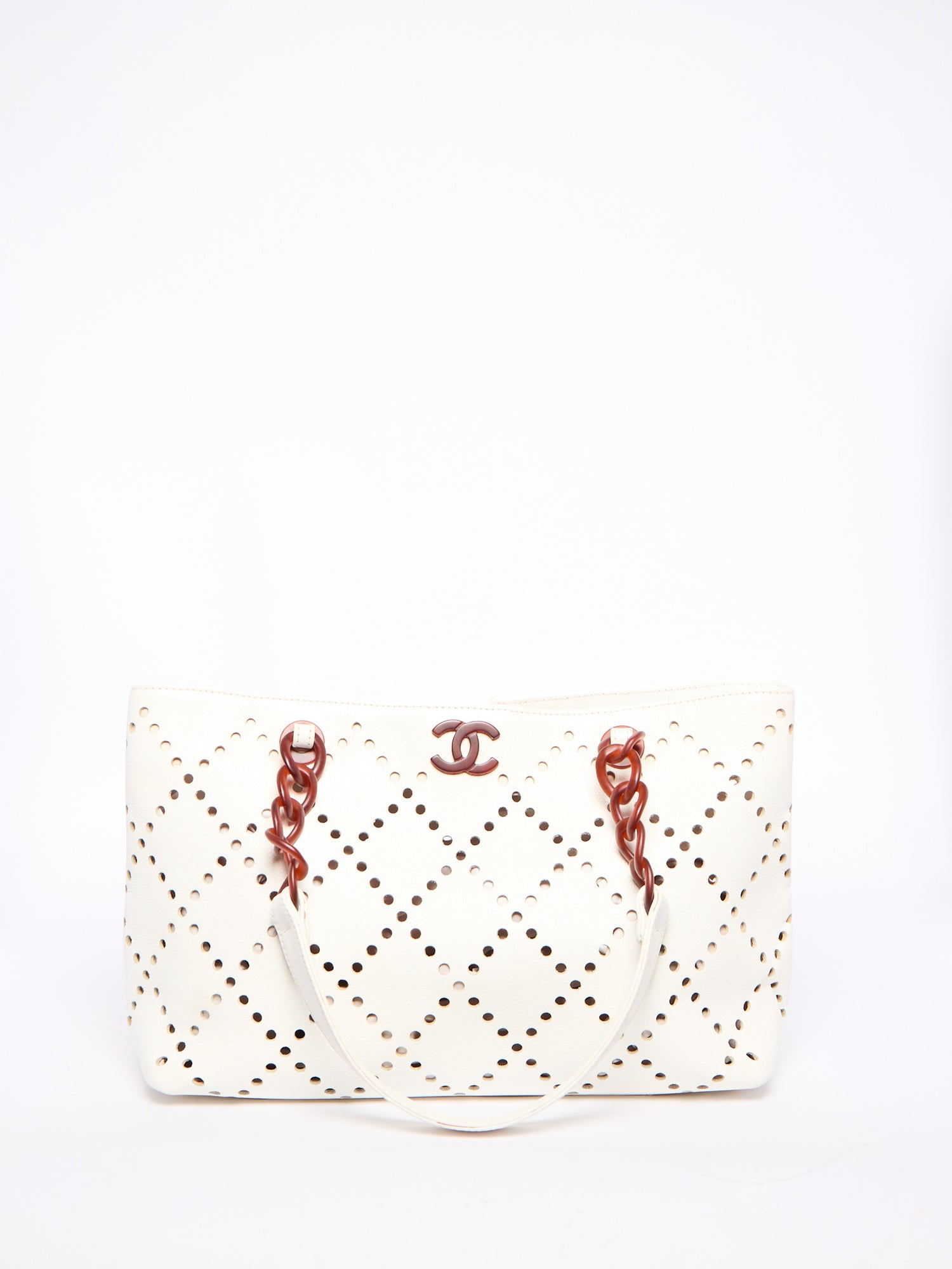 Chanel White Perforated Tortoiseshell Chain Tote