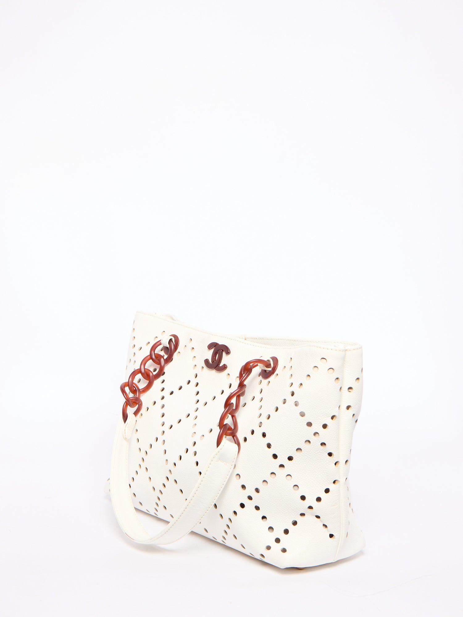 Chanel White Perforated Tortoiseshell Chain Tote