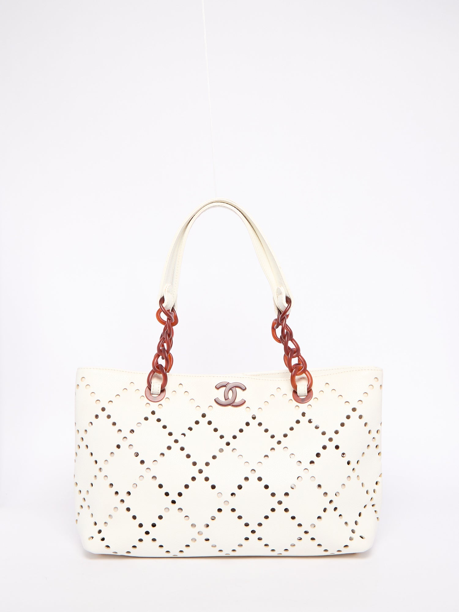 Chanel White Perforated Tortoiseshell Chain Tote