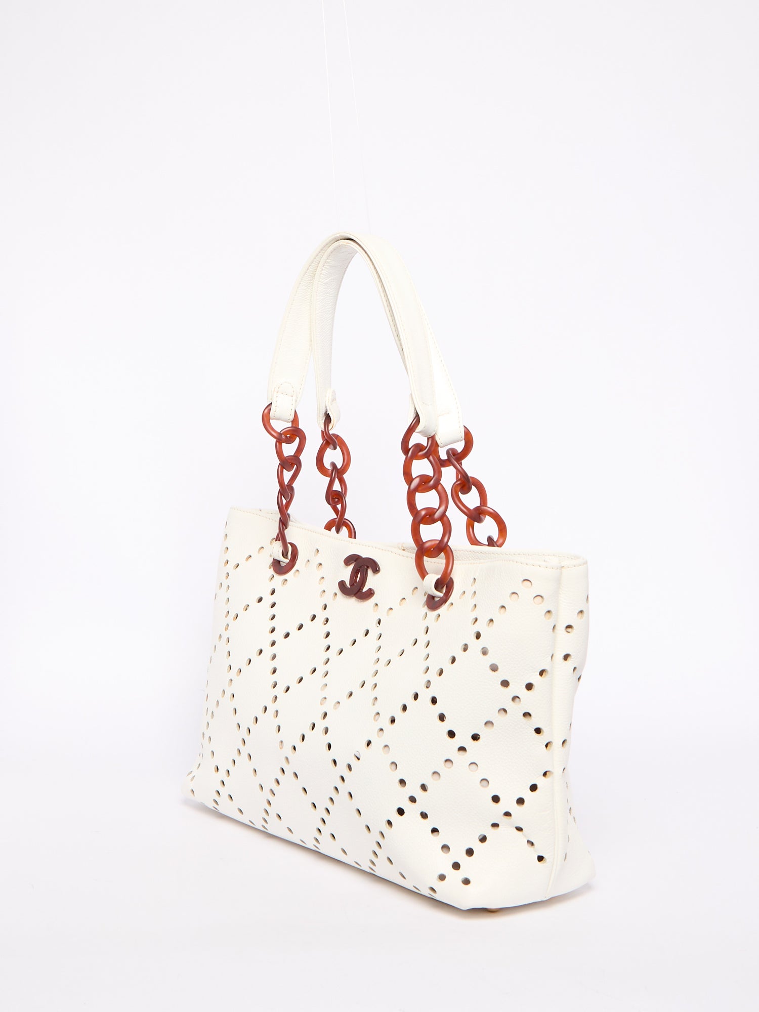 Chanel White Perforated Tortoiseshell Chain Tote