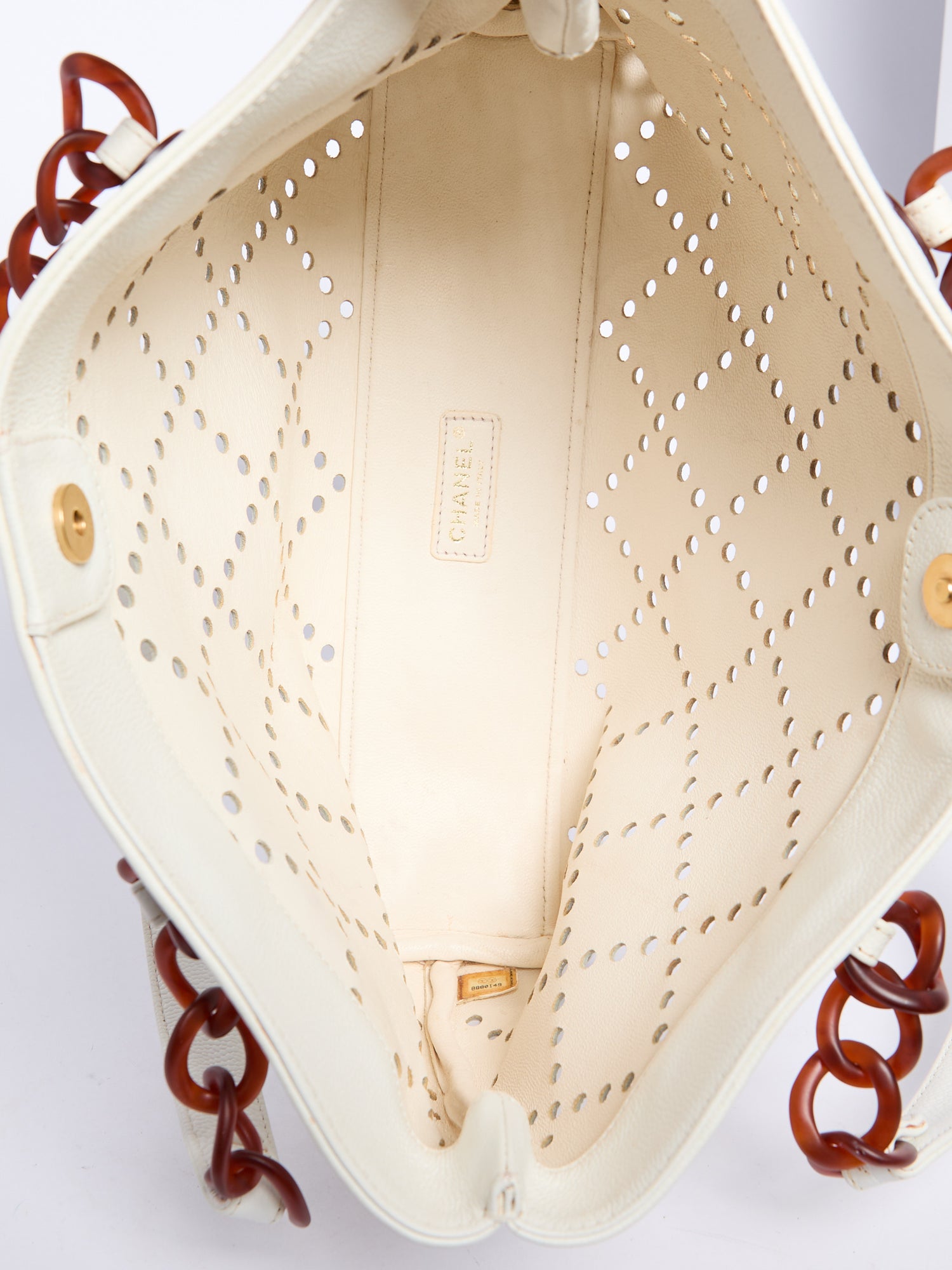Chanel White Perforated Tortoiseshell Chain Tote