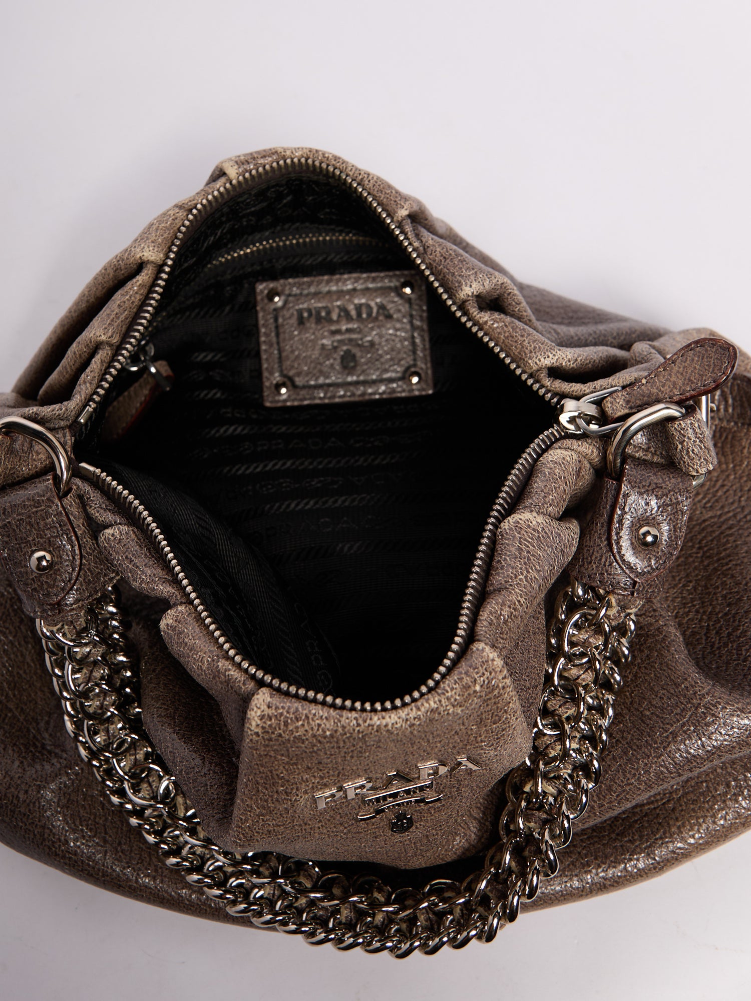 Prada Grey Distressed Leather Chain Bag