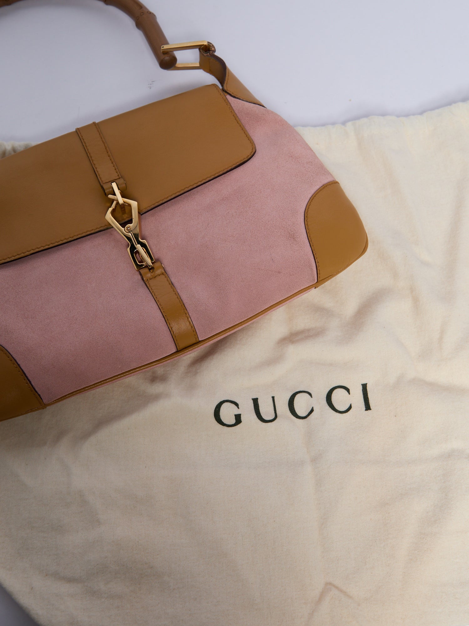 Gucci Pink Suede Bamboo Top Handle Bag